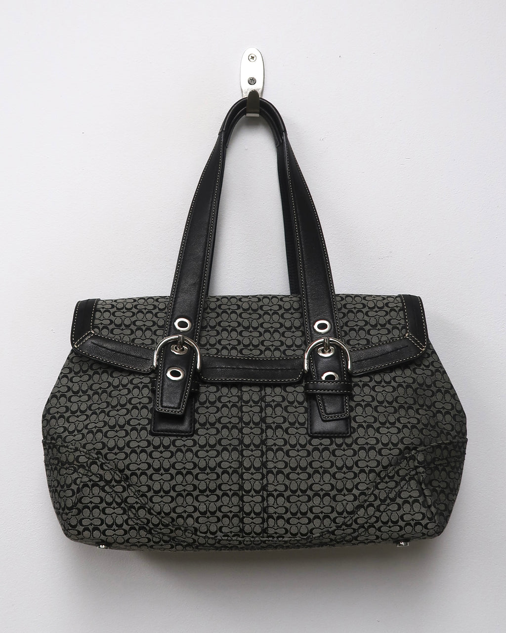 Coach Soho Black and Gray Signature Jacquard Flap Bag