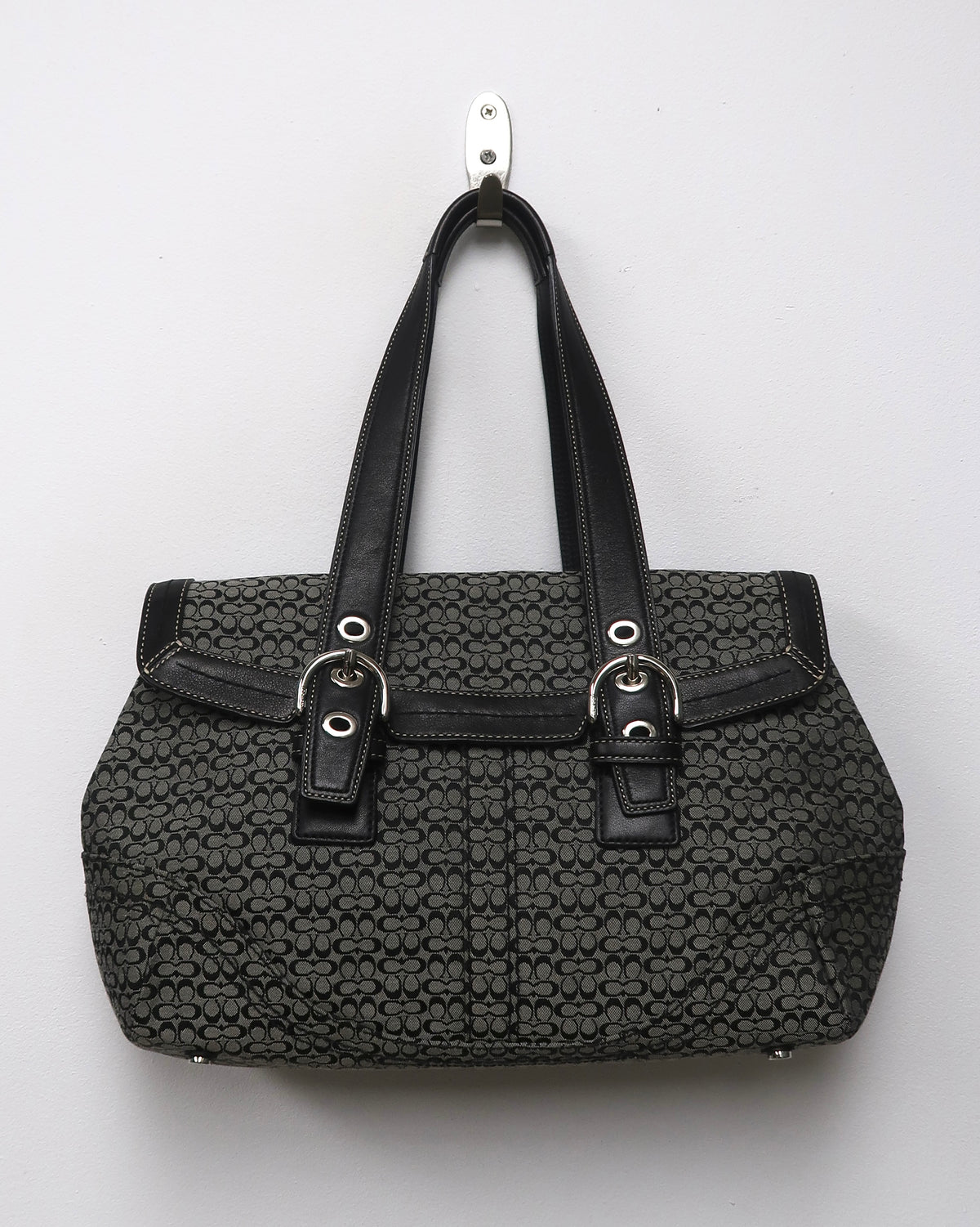 Coach Soho Black and Gray Signature Jacquard Flap Bag