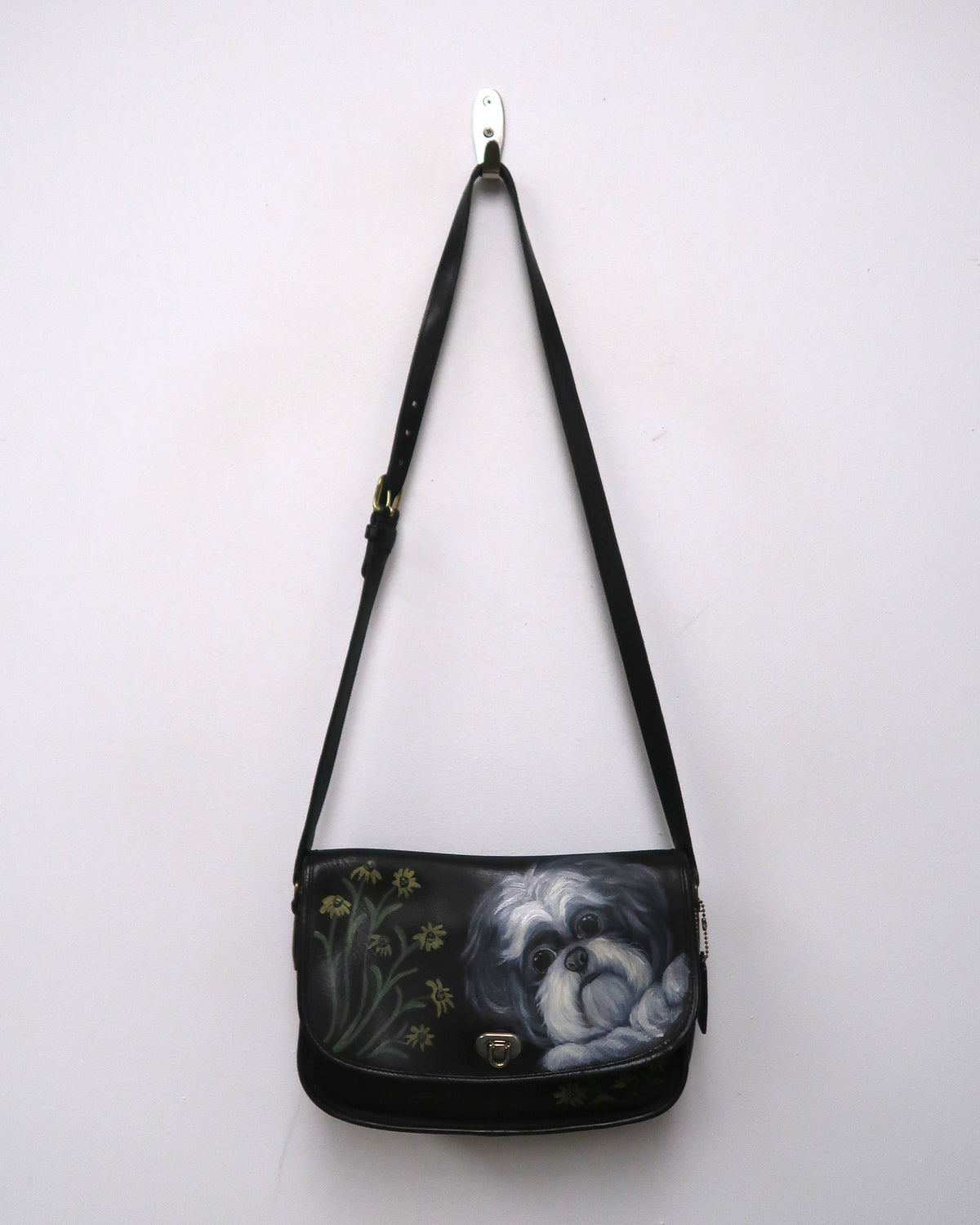 Black Leather Coach Crossbody With Hand Painted Dog Portrait