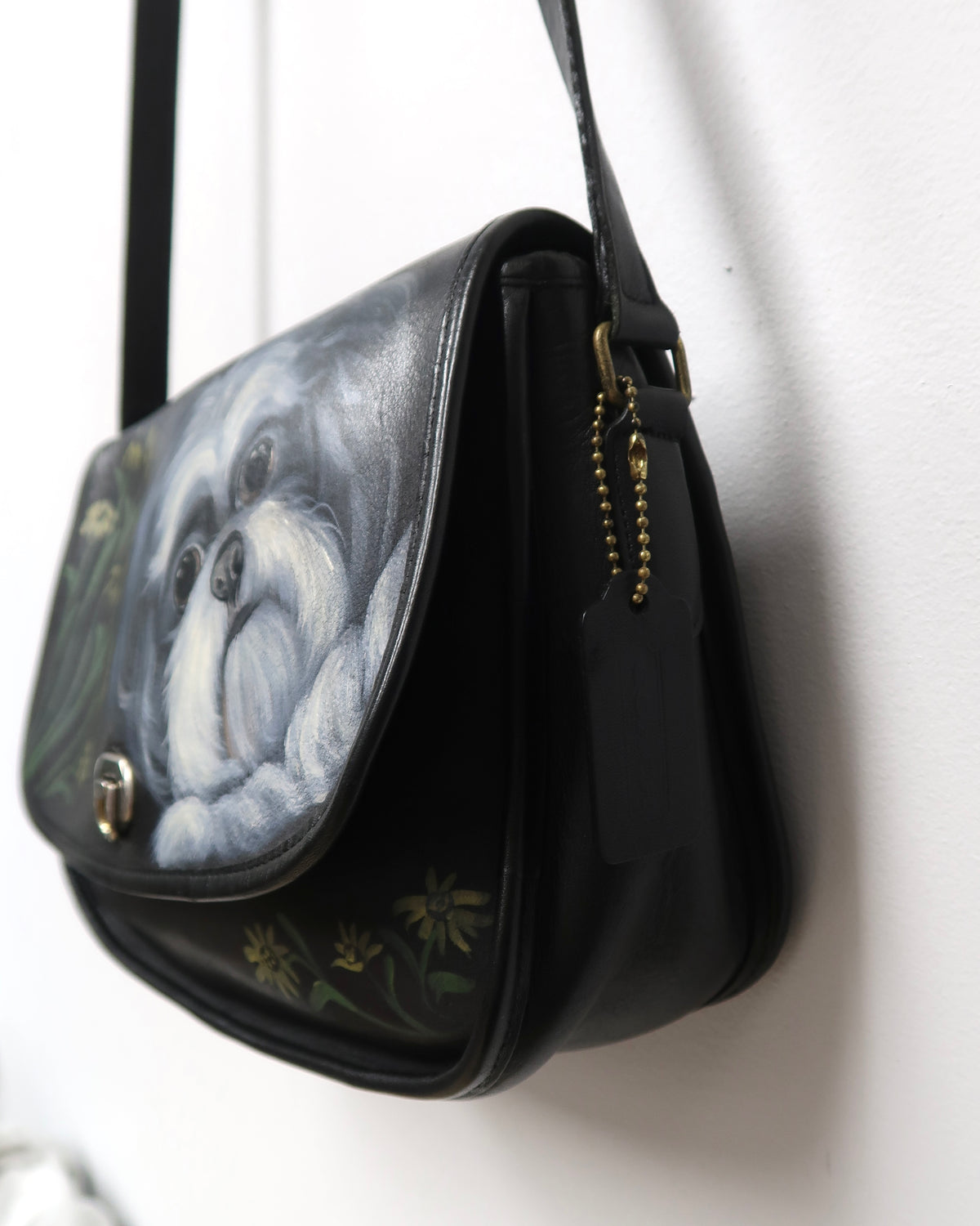 Black Leather Coach Crossbody With Hand Painted Dog Portrait