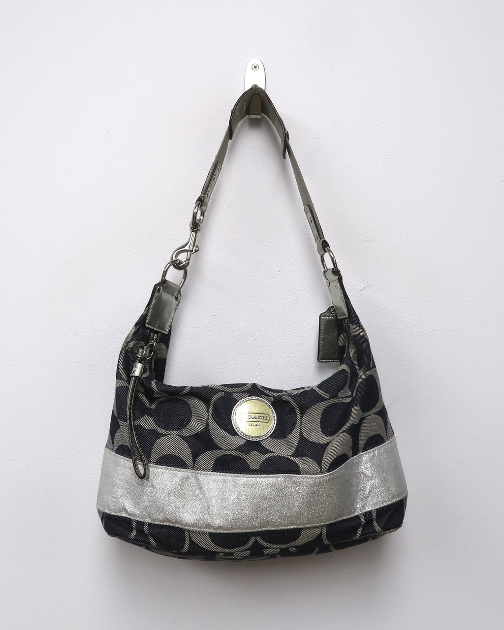 Vintage Coach Signature Denim and Silver Metallic Hobo Bag