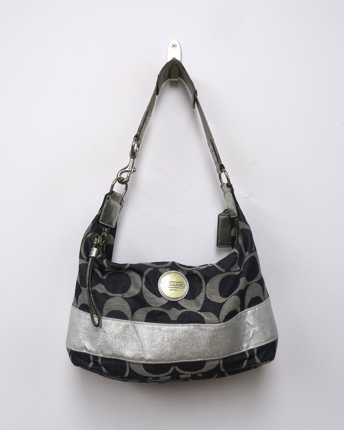Vintage Coach Signature Denim and Silver Metallic Hobo Bag