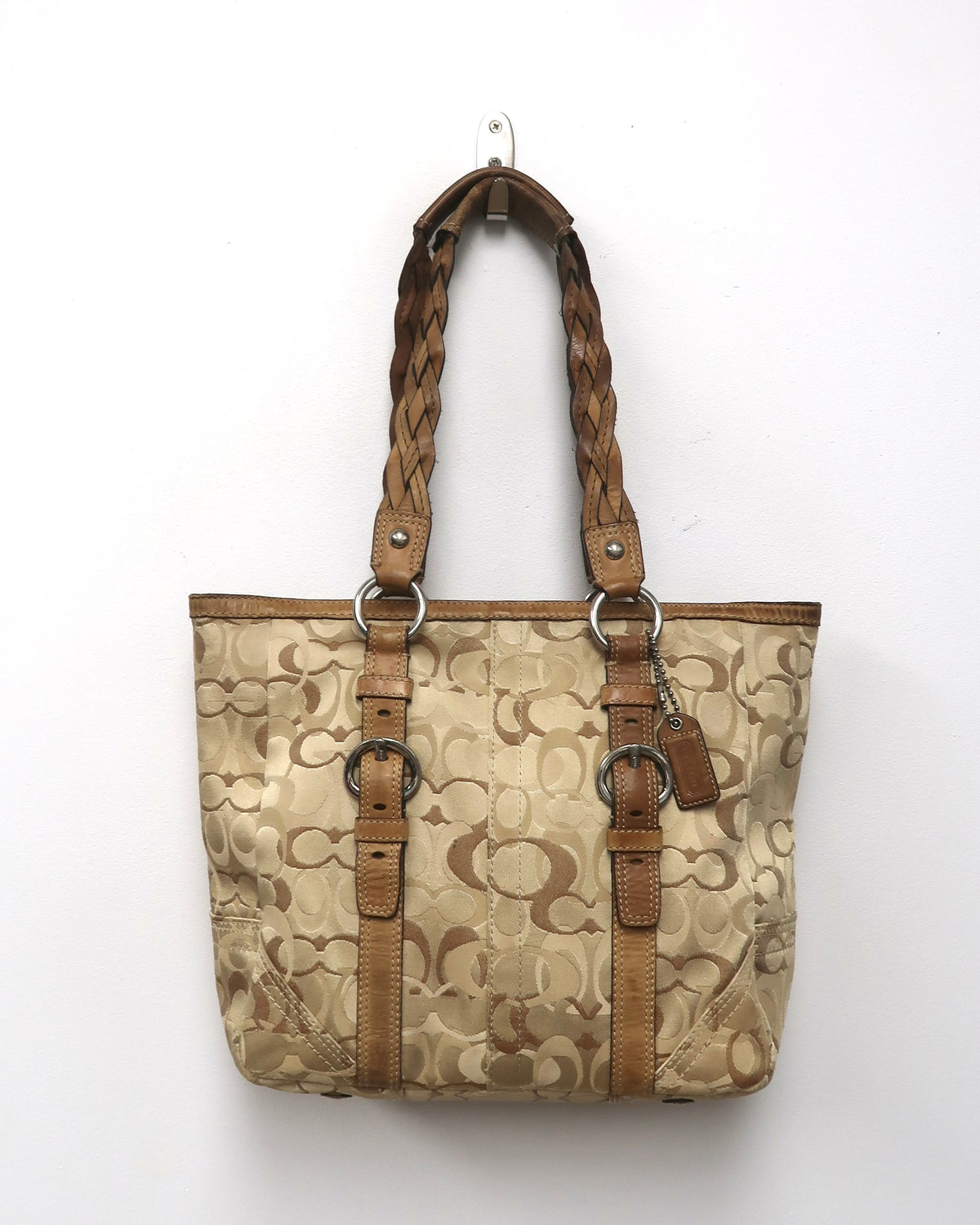 Vintage Coach signature jacquard canvas and tan leather buckle tote bag
