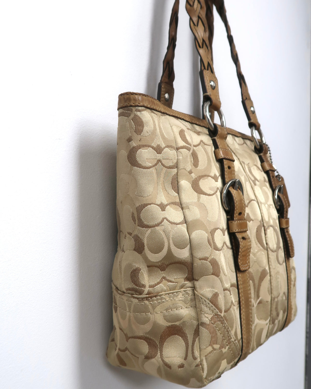 Vintage Coach signature jacquard canvas and tan leather buckle tote bag