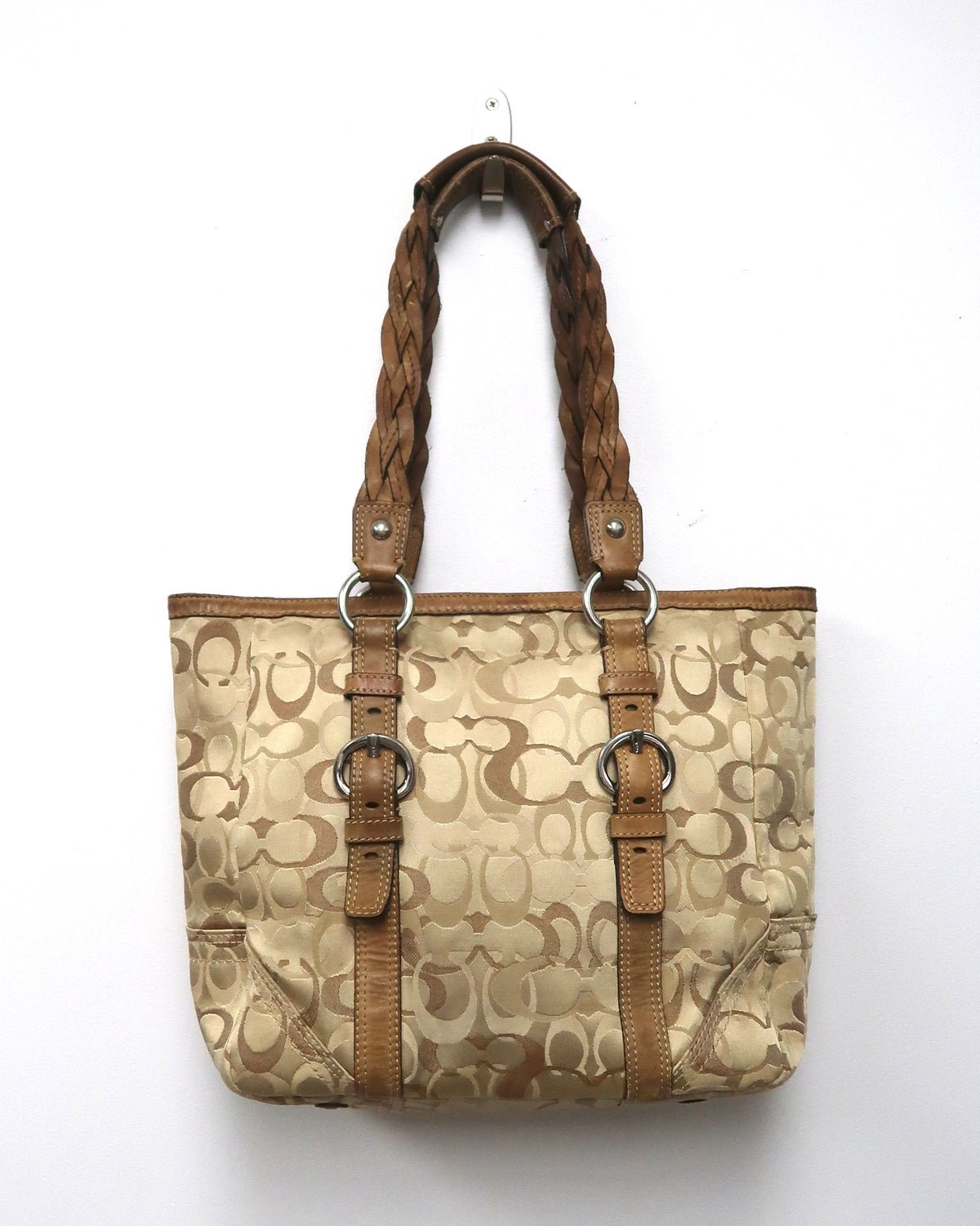 Vintage Coach signature jacquard canvas and tan leather buckle tote bag
