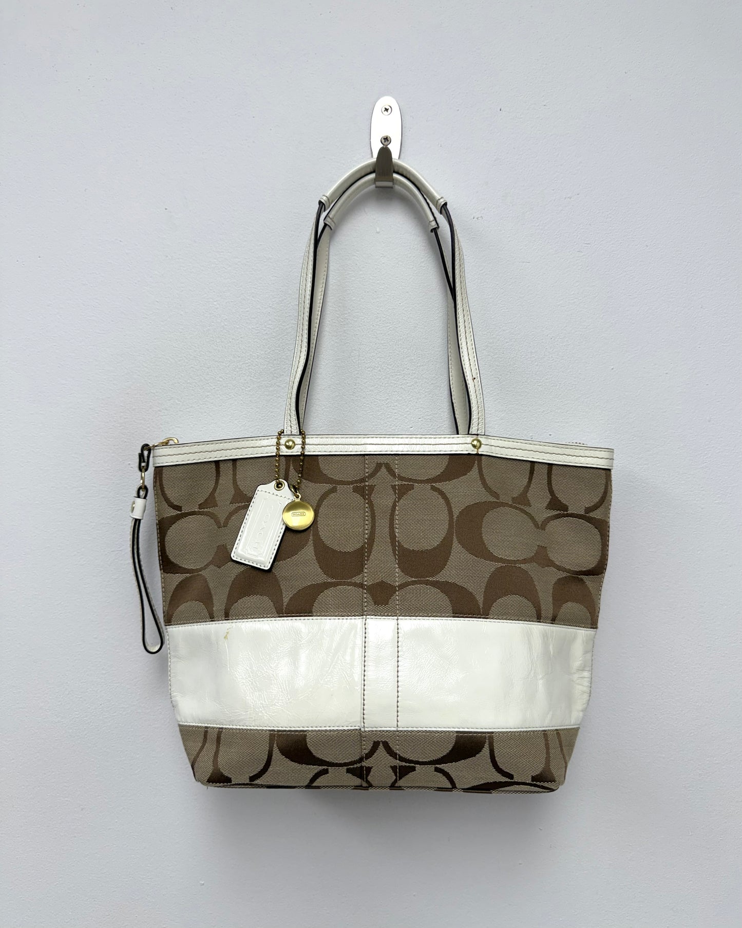 COACH Signature Brown Beige White Leather Canvas Tote/ Shoulder Bag