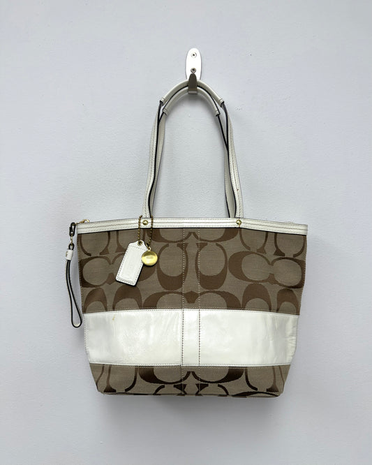 COACH Signature Brown Beige White Leather Canvas Tote/ Shoulder Bag