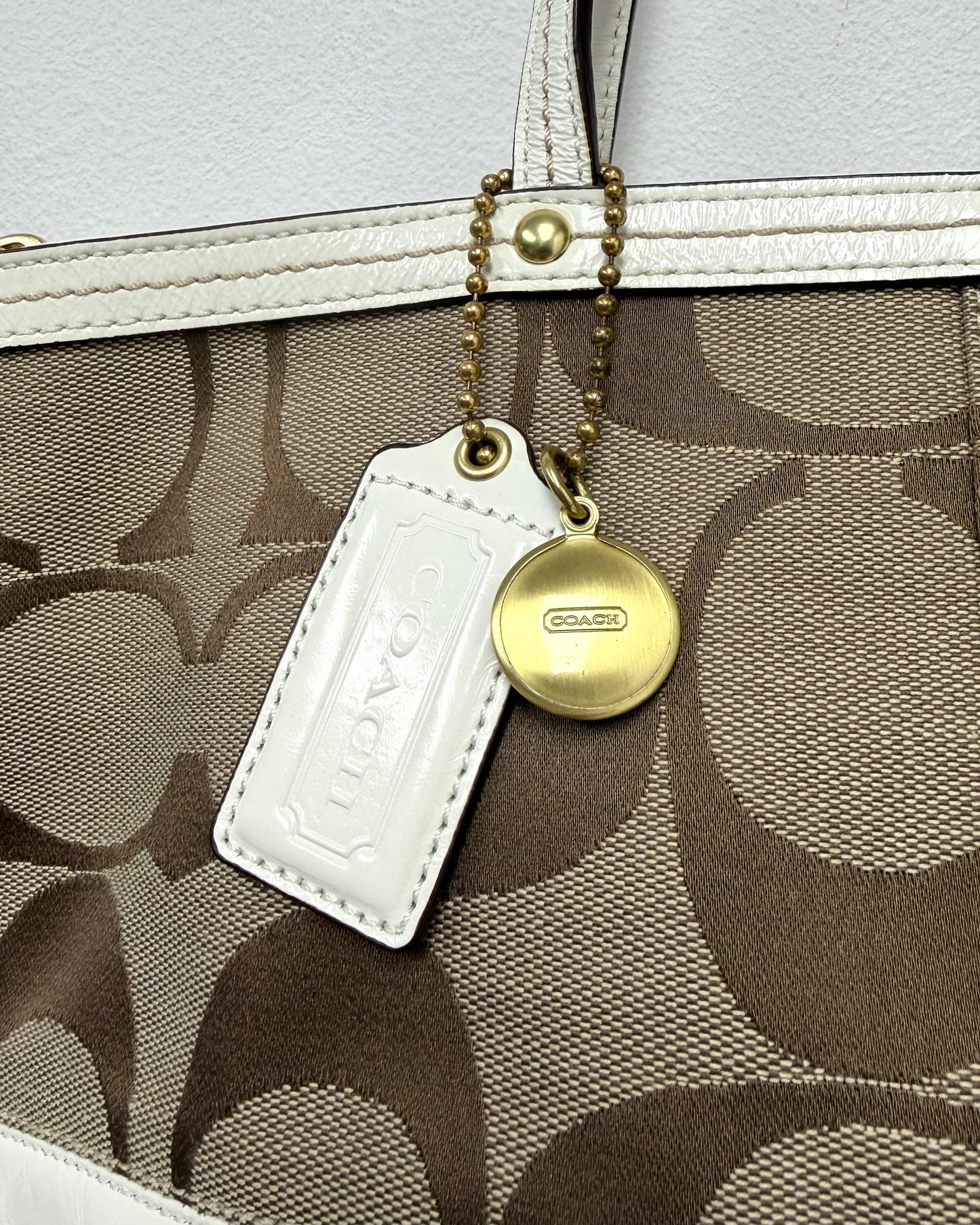 COACH Signature Brown Beige White Leather Canvas Tote/ Shoulder Bag