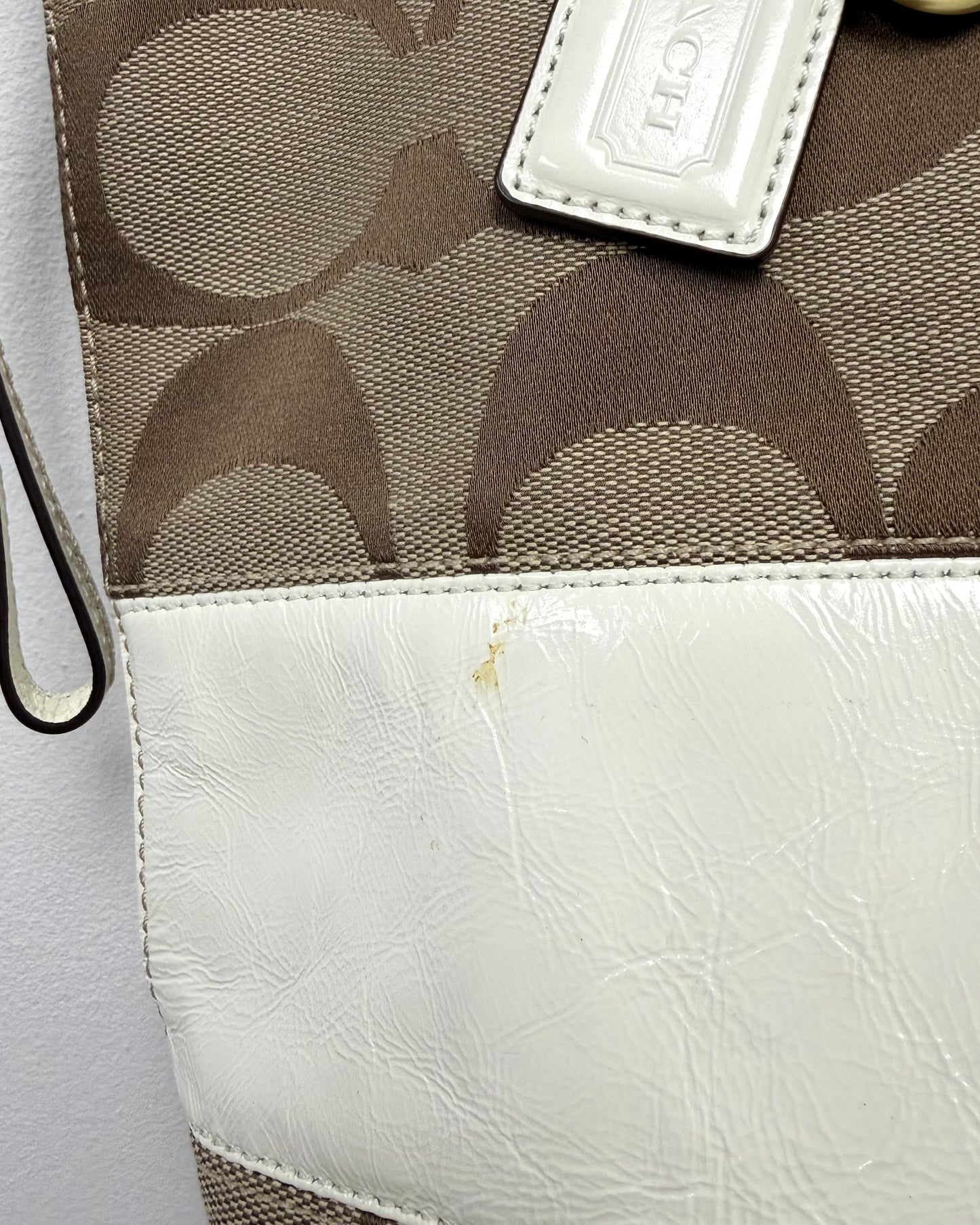 COACH Signature Brown Beige White Leather Canvas Tote/ Shoulder Bag