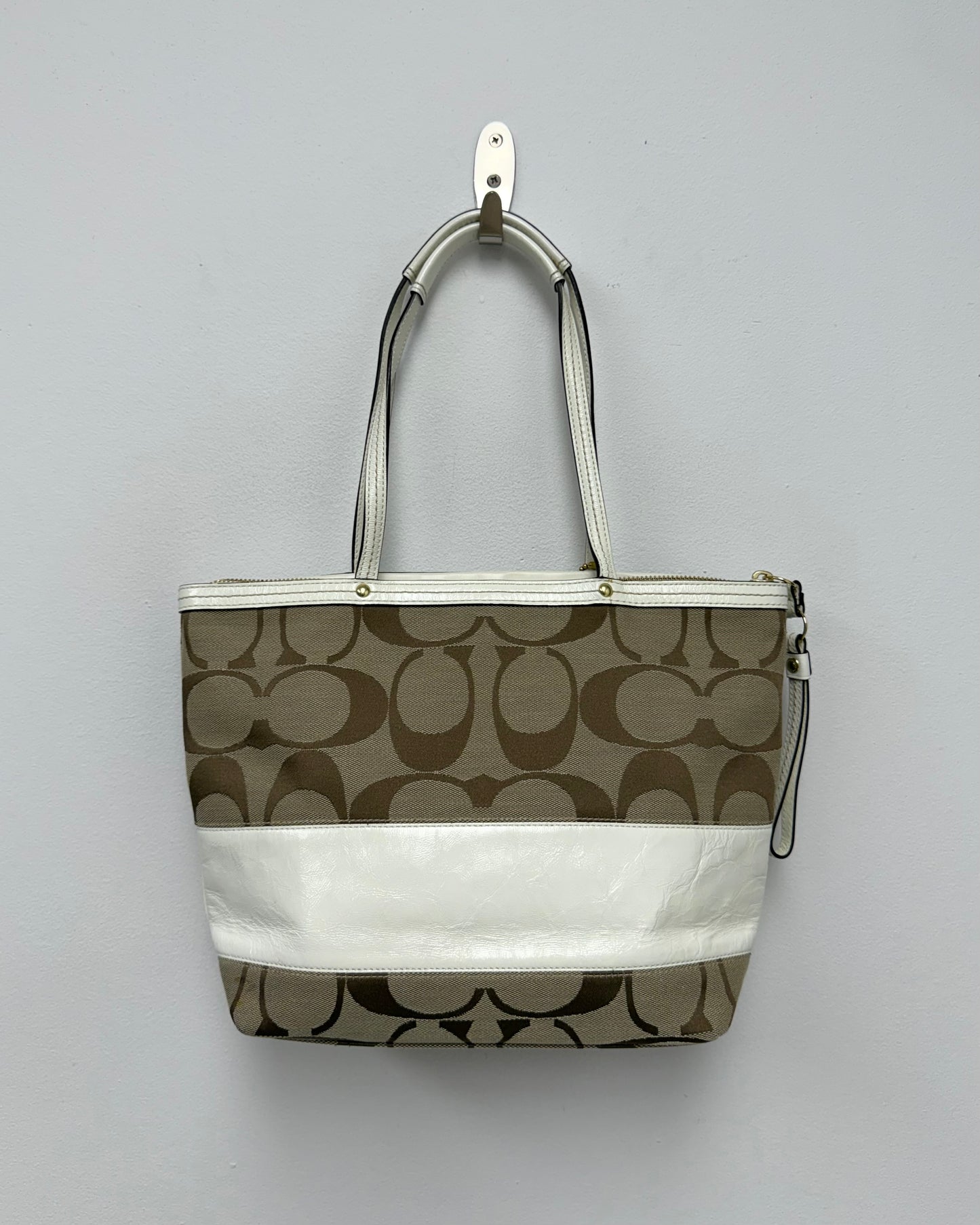 COACH Signature Brown Beige White Leather Canvas Tote/ Shoulder Bag