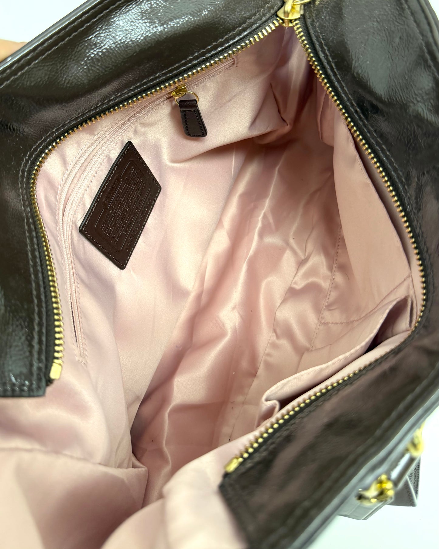 Coach Gallery Brown Patent Leather Zipper Pocket Satchel Shoulder Bag