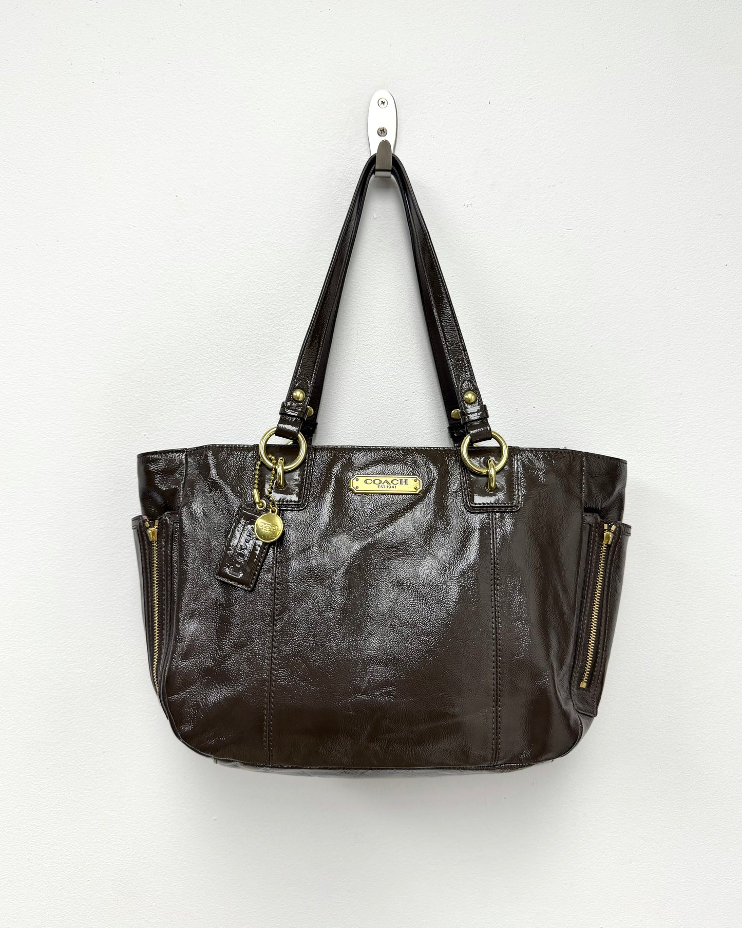 Coach Gallery Brown Patent Leather Zipper Pocket Satchel Shoulder Bag