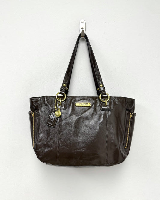 Coach Gallery Brown Patent Leather Zipper Pocket Satchel Shoulder Bag