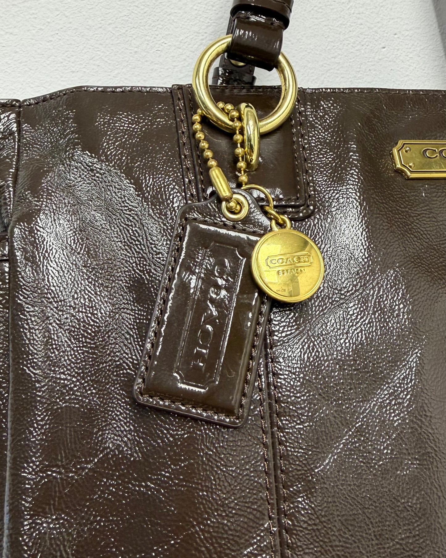 Coach Gallery Brown Patent Leather Zipper Pocket Satchel Shoulder Bag