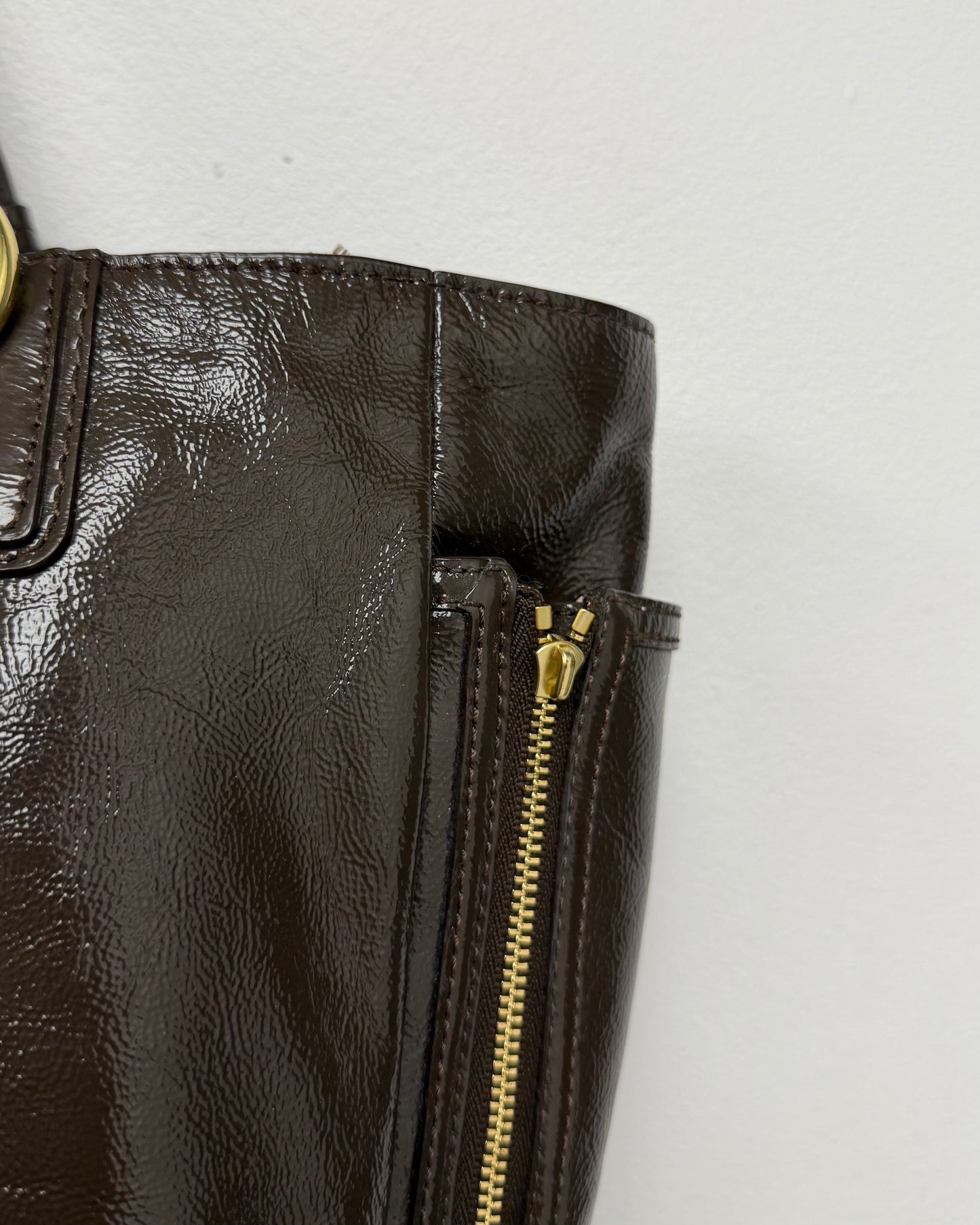 Coach Gallery Brown Patent Leather Zipper Pocket Satchel Shoulder Bag