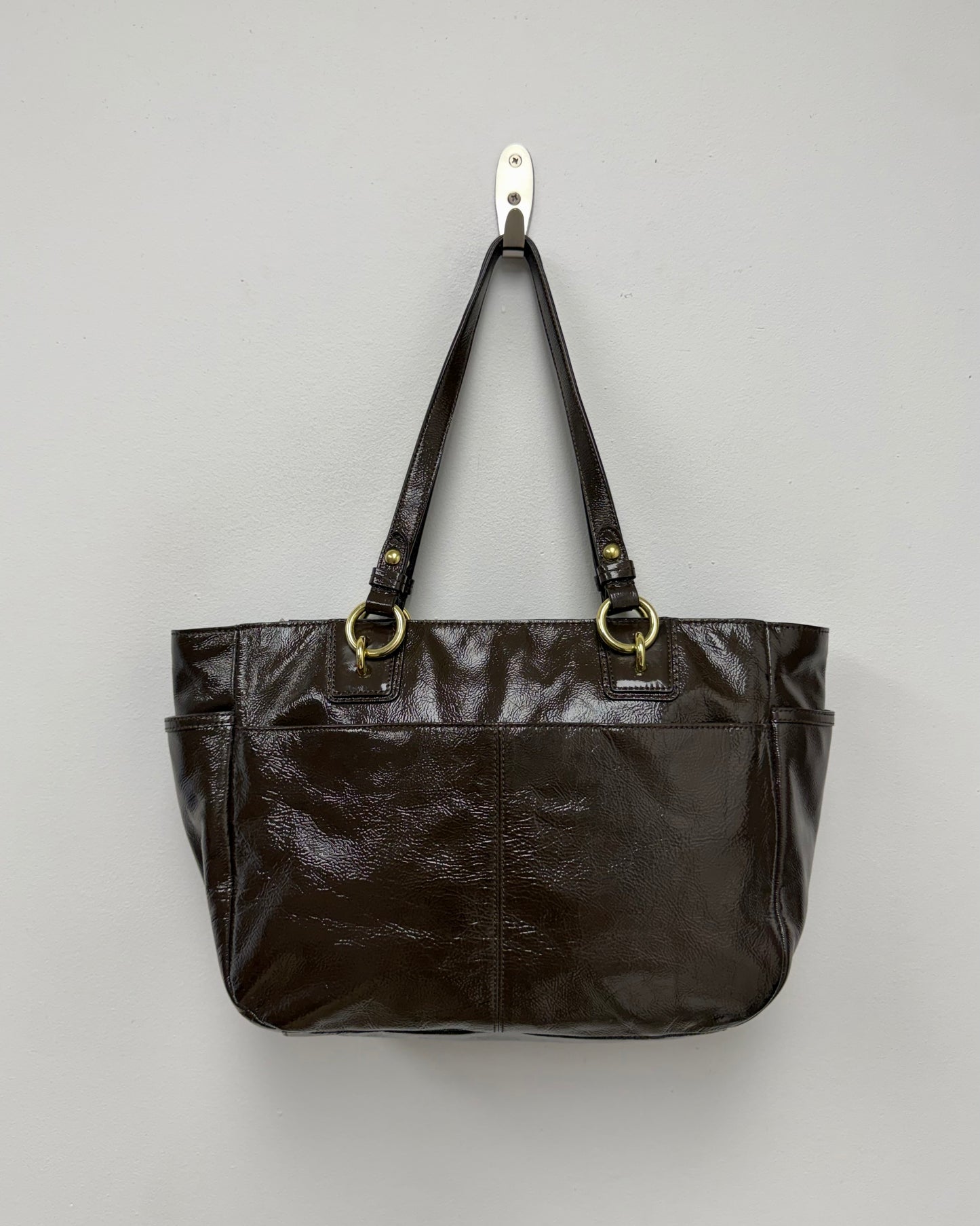 Coach Gallery Brown Patent Leather Zipper Pocket Satchel Shoulder Bag