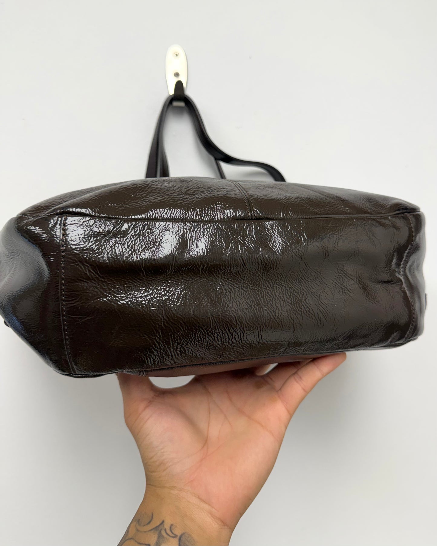 Coach Gallery Brown Patent Leather Zipper Pocket Satchel Shoulder Bag