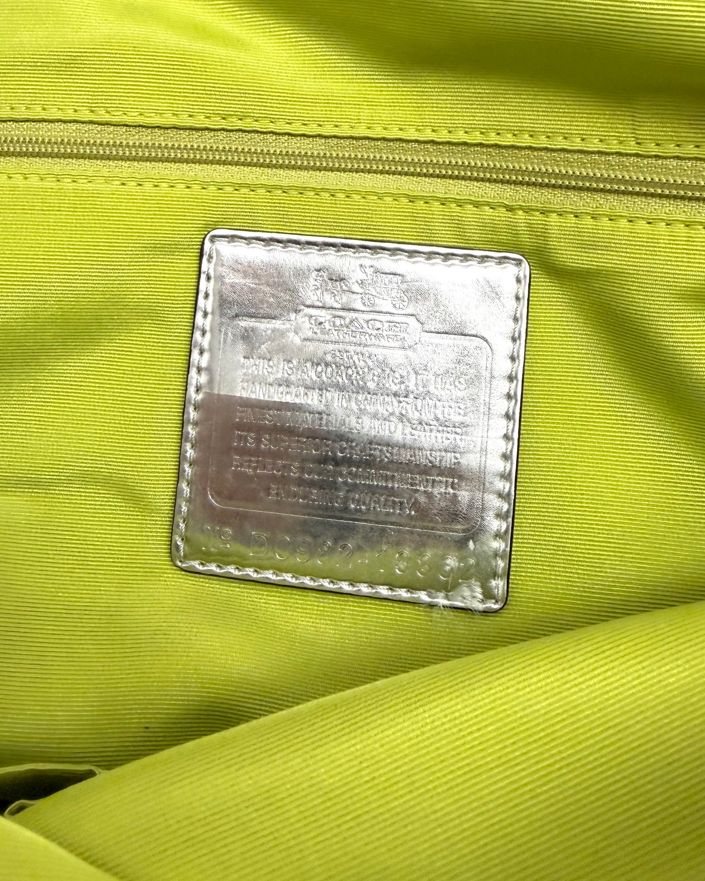 Coach Madison Sabrina Op Art Satchel featuring a gray and lime green sateen print with leather trim