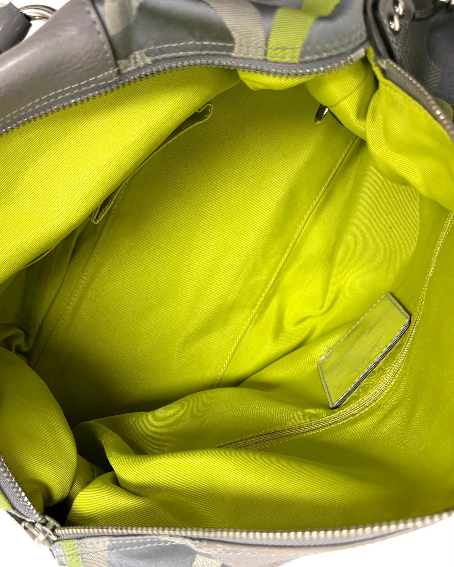Coach Madison Sabrina Op Art Satchel featuring a gray and lime green sateen print with leather trim