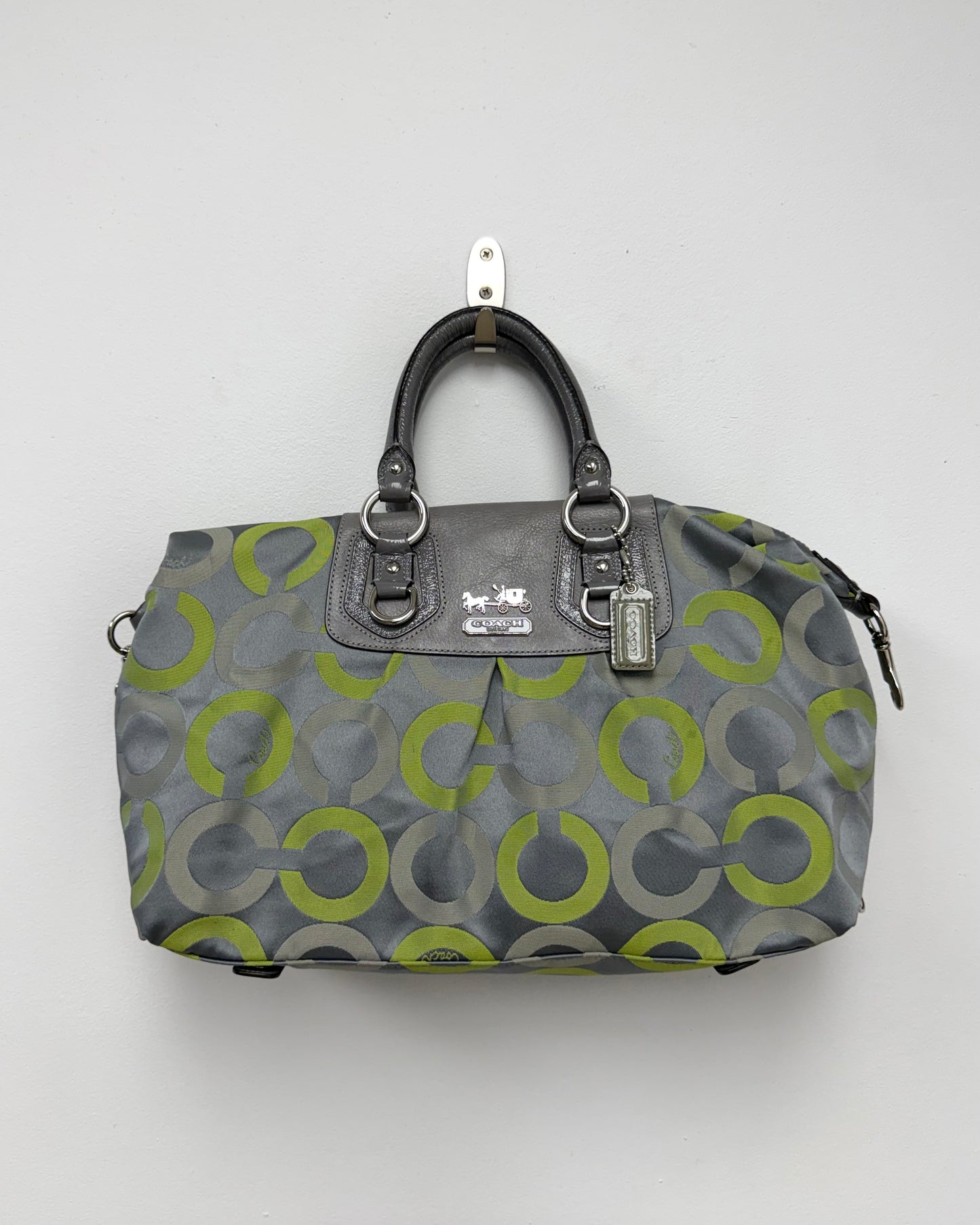 Coach Madison Sabrina Op Art Satchel featuring a gray and lime green sateen print with leather trim