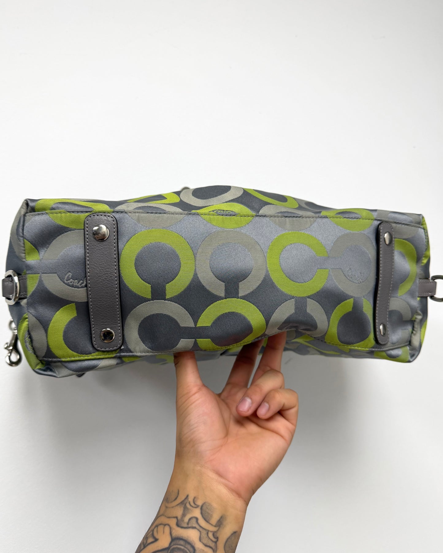 Coach Madison Sabrina Op Art Satchel featuring a gray and lime green sateen print with leather trim
