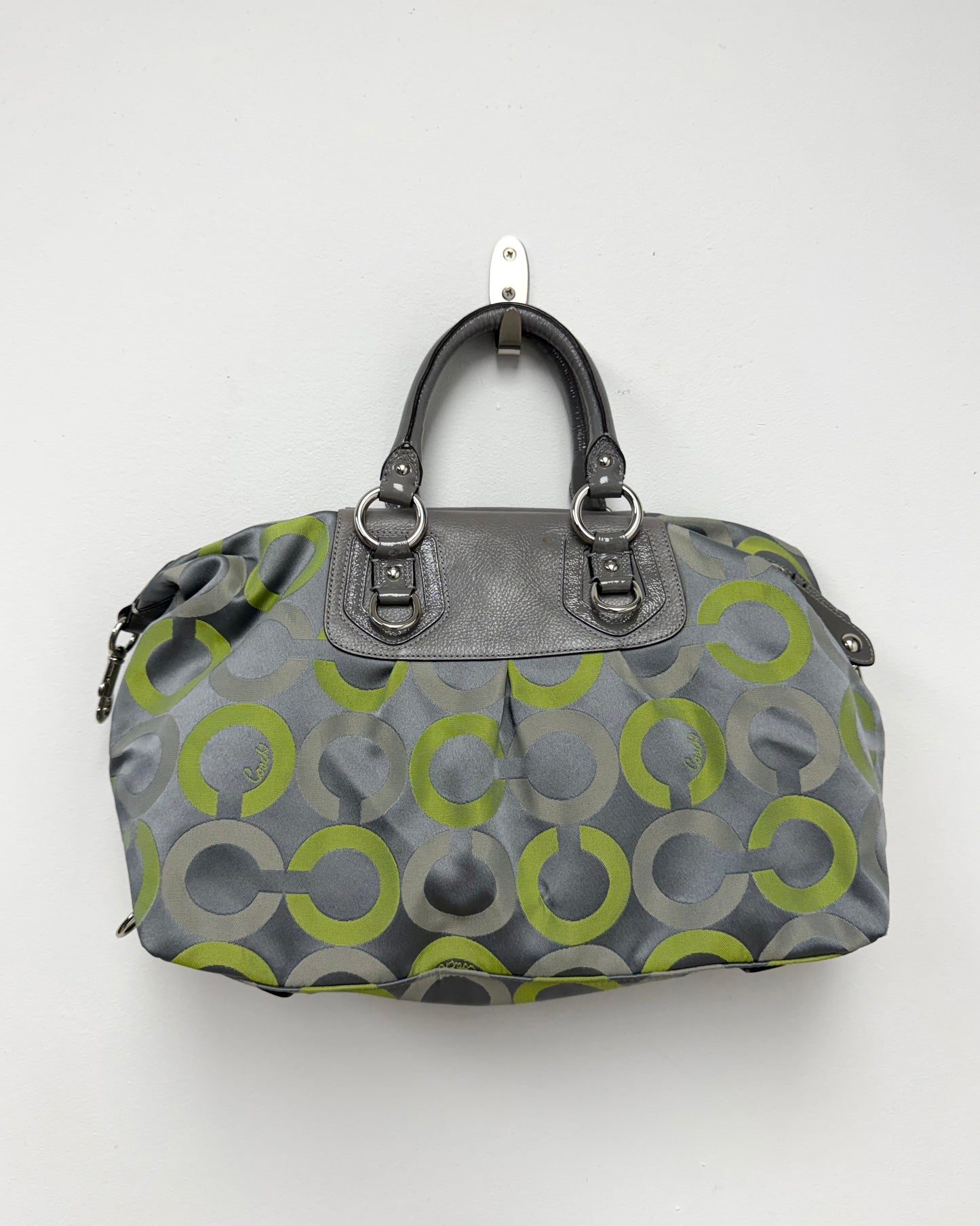 Coach Madison Sabrina Op Art Satchel featuring a gray and lime green sateen print with leather trim