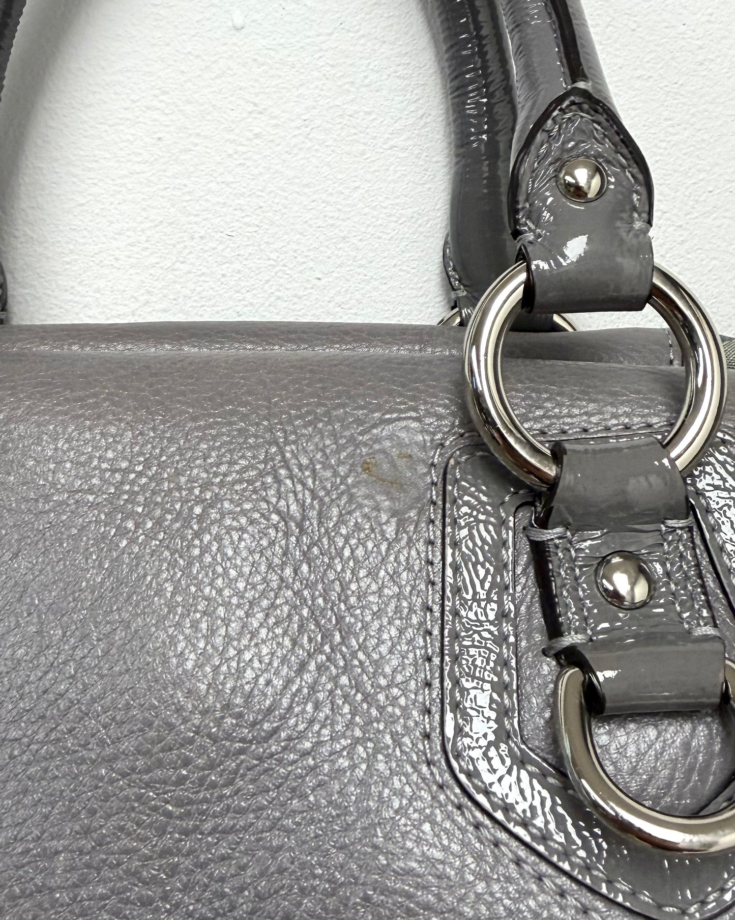 Coach Madison Sabrina Op Art Satchel featuring a gray and lime green sateen print with leather trim