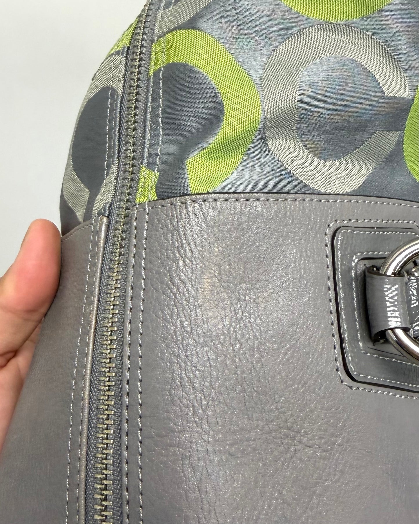 Coach Madison Sabrina Op Art Satchel featuring a gray and lime green sateen print with leather trim