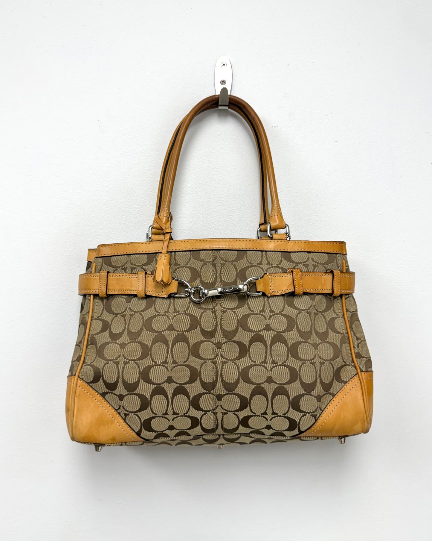 Brown Coach Hamptons signature canvas handbag vachetta leather trim