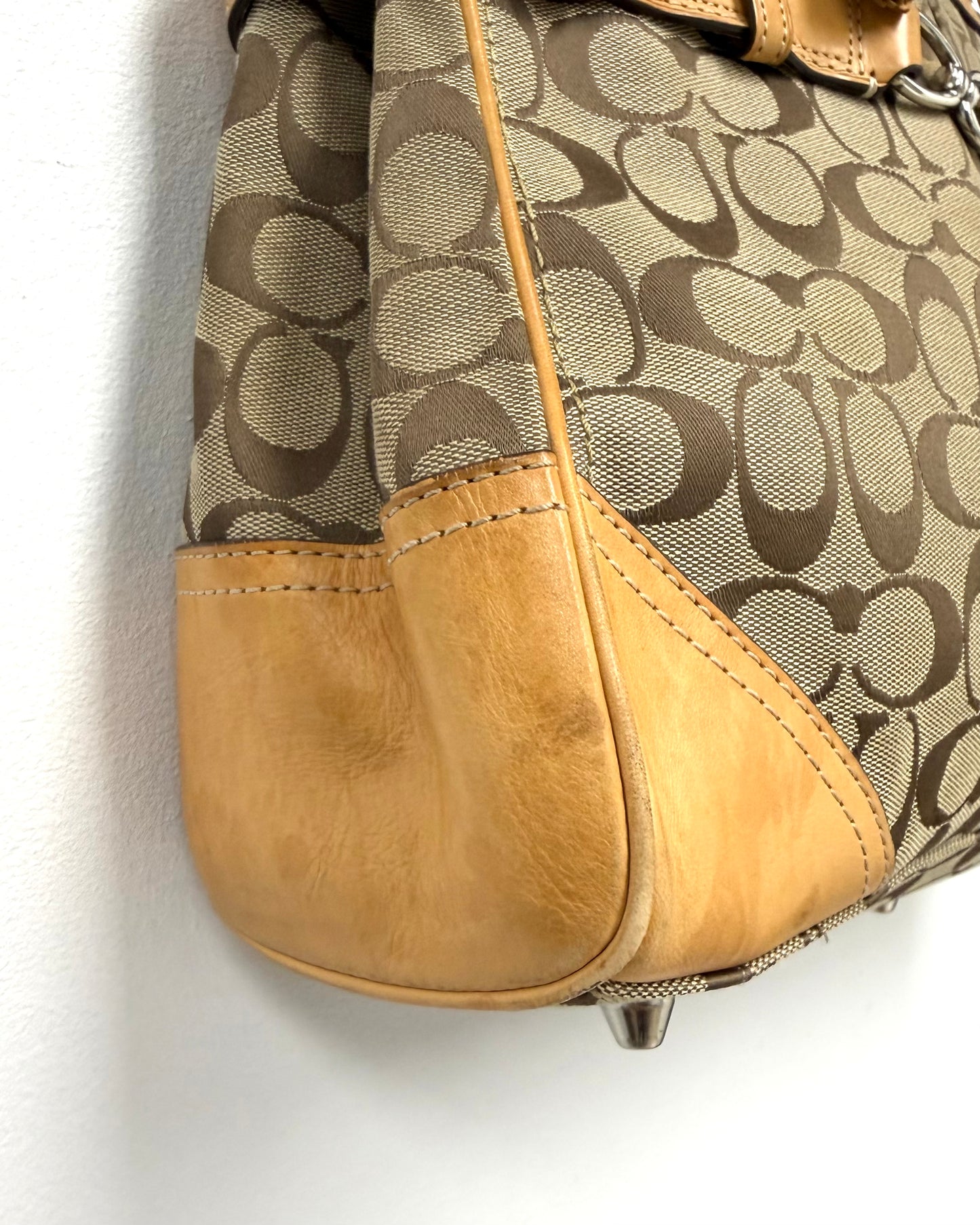 Brown Coach Hamptons signature canvas handbag vachetta leather trim