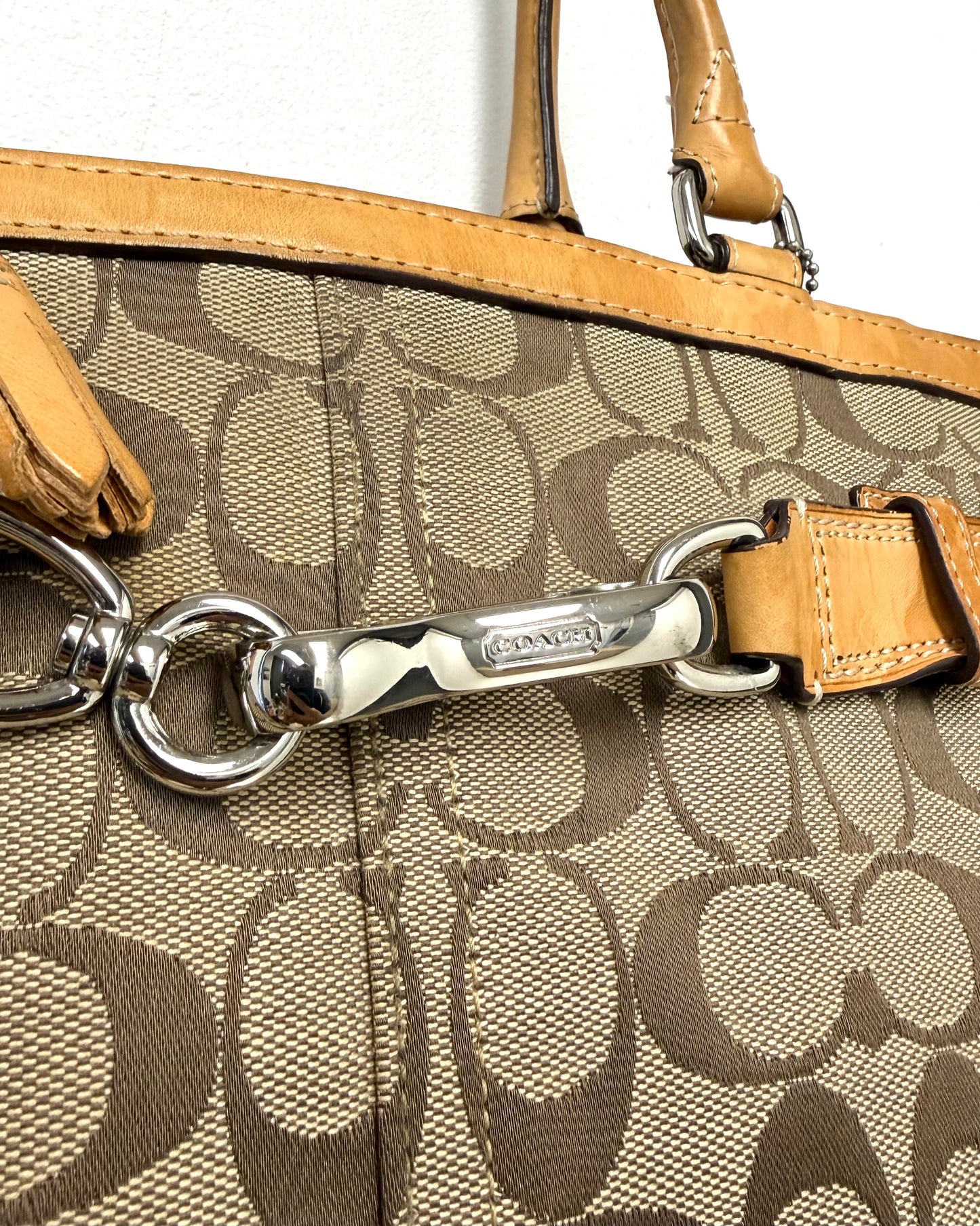 Brown Coach Hamptons signature canvas handbag vachetta leather trim