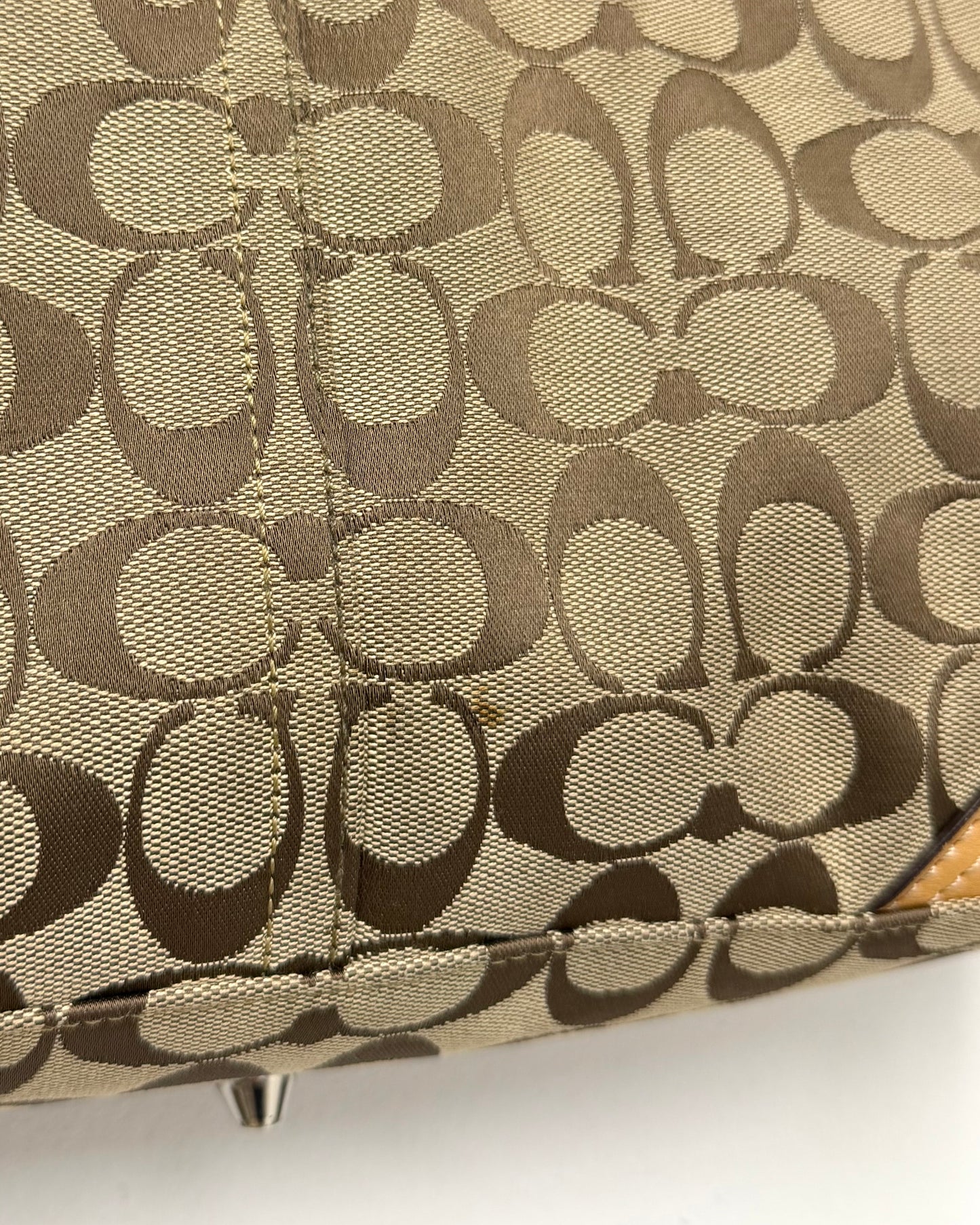 Brown Coach Hamptons signature canvas handbag vachetta leather trim