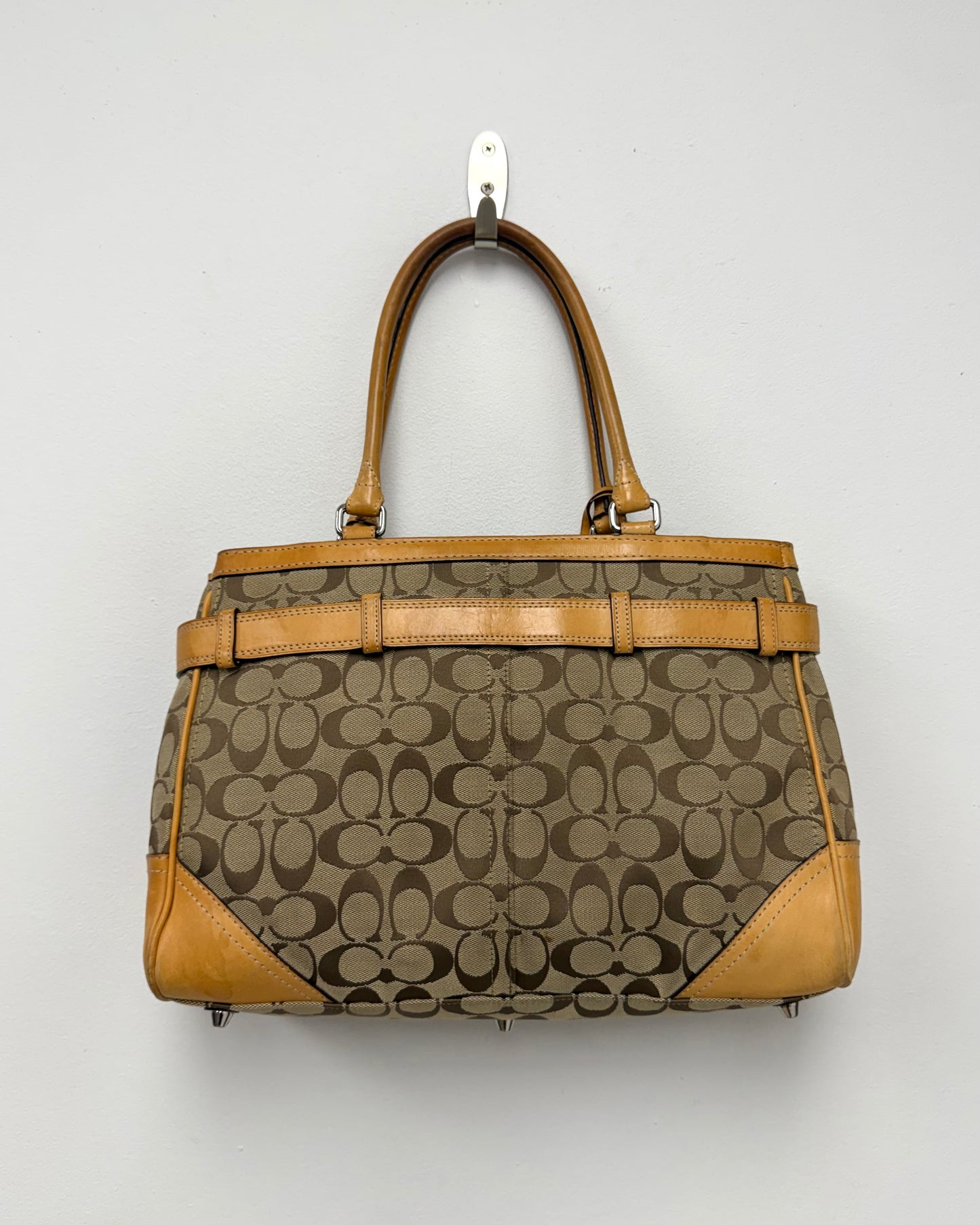 Brown Coach Hamptons signature canvas handbag vachetta leather trim