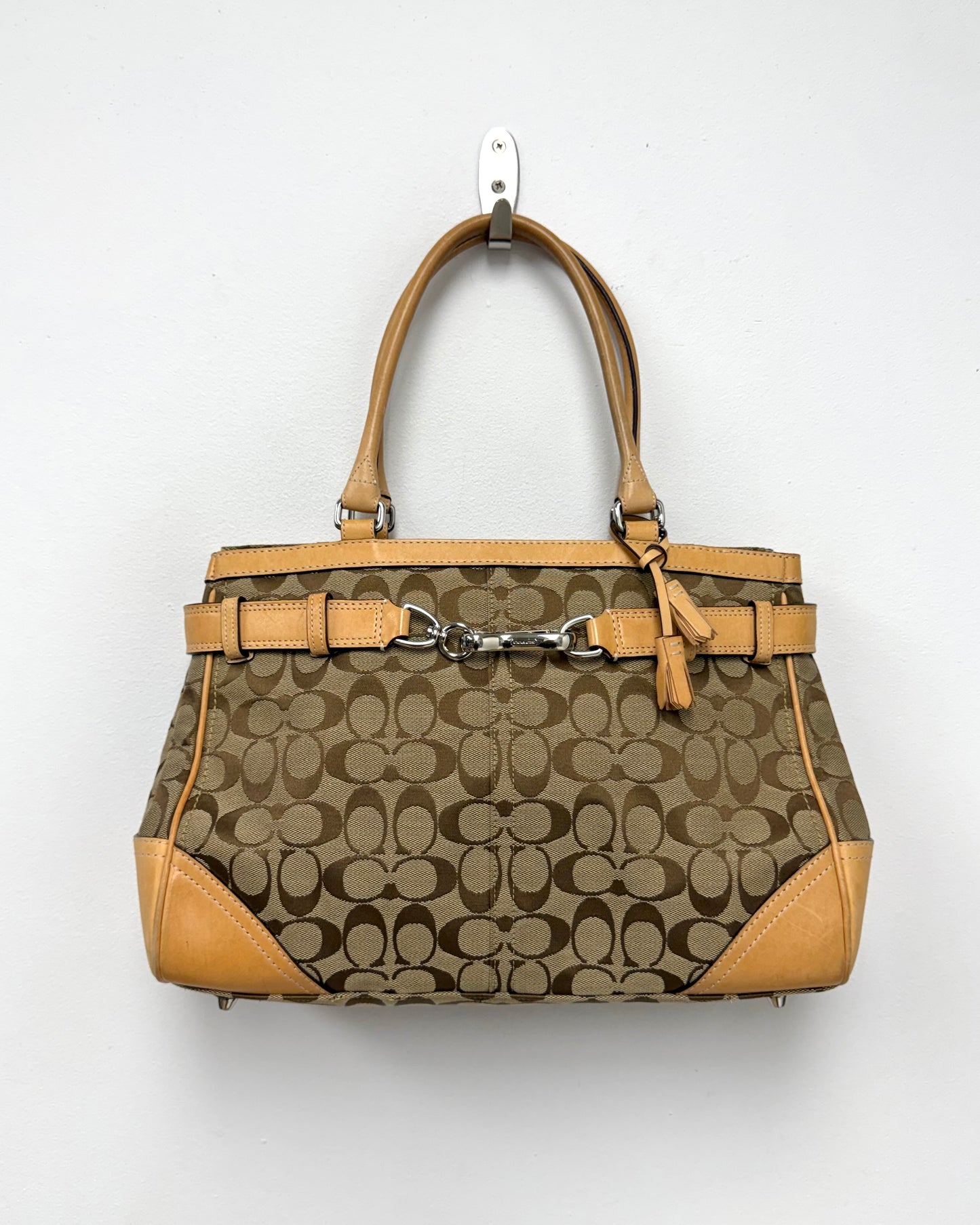 Brown Coach Hamptons signature canvas handbag vachetta leather trim