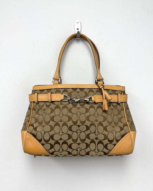 Brown Coach Hamptons signature canvas handbag vachetta leather trim