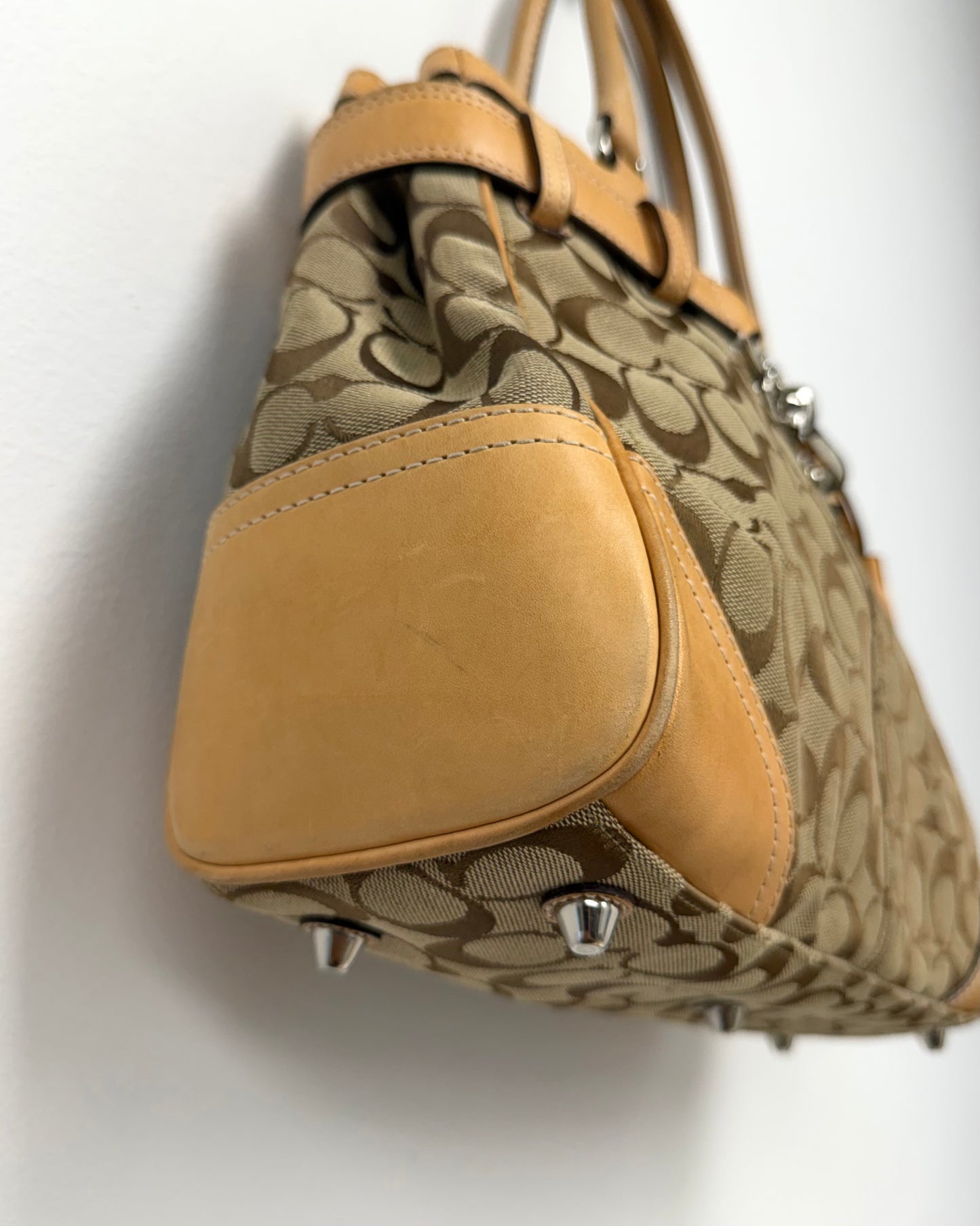 Brown Coach Hamptons signature canvas handbag vachetta leather trim