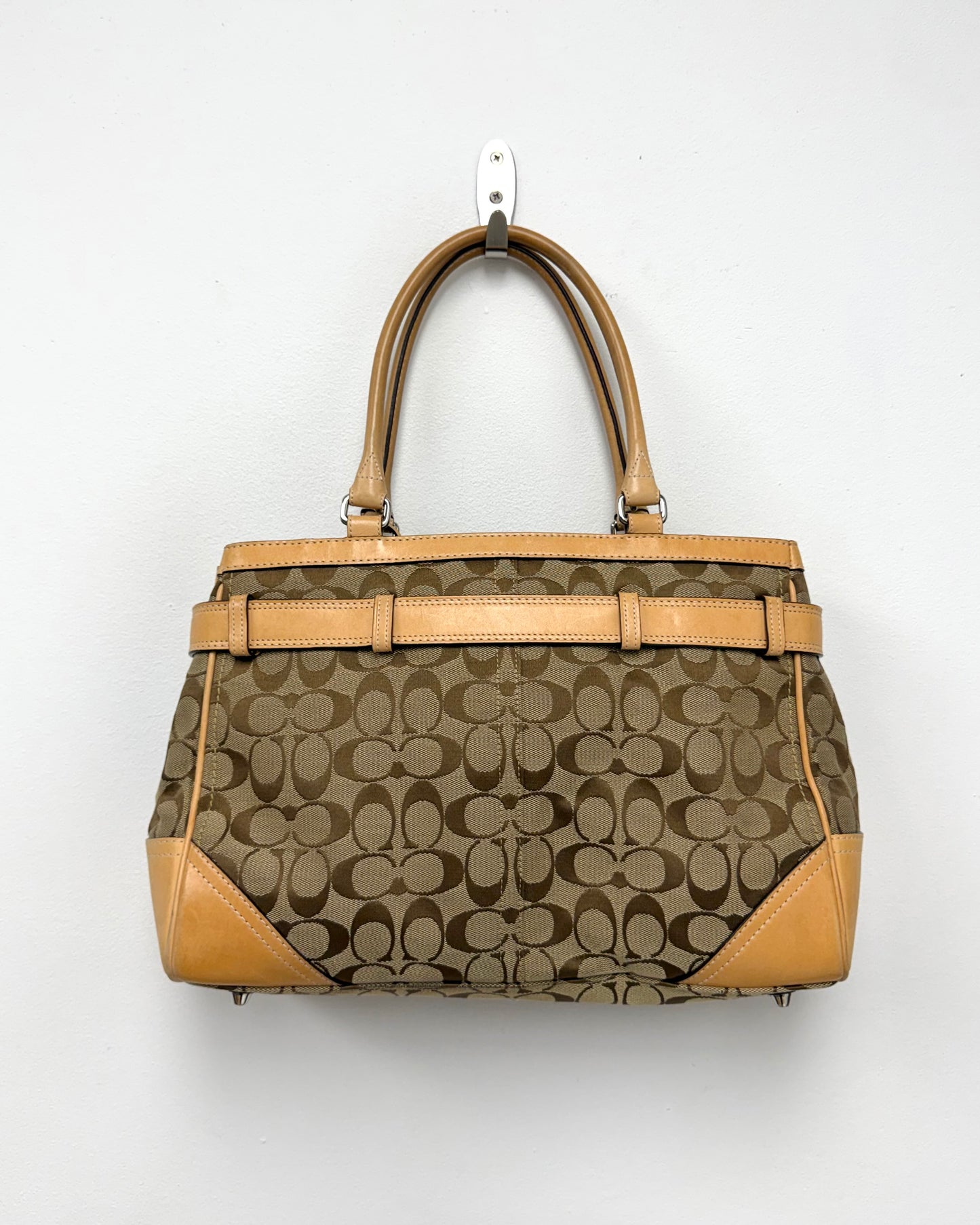 Brown Coach Hamptons signature canvas handbag vachetta leather trim