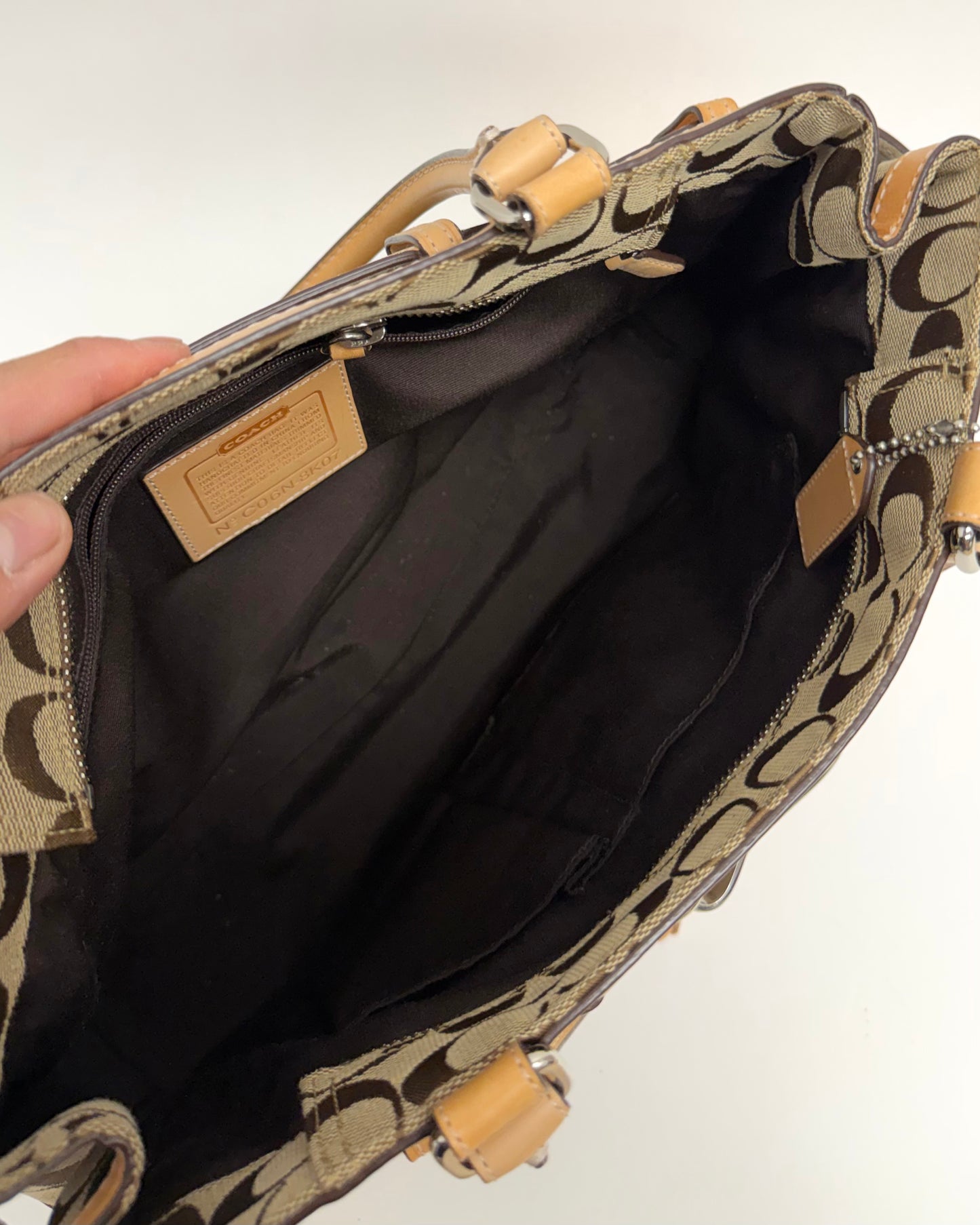 Brown Coach Hamptons signature canvas handbag vachetta leather trim