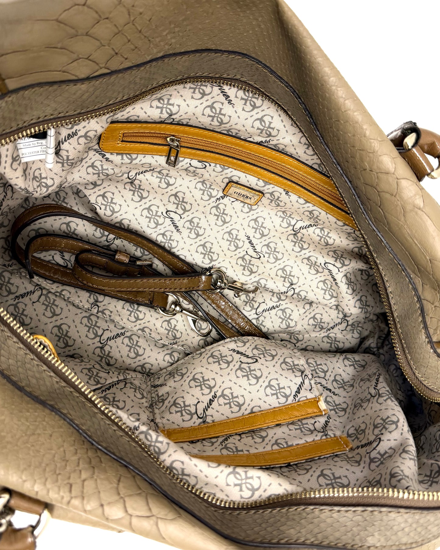 tan snakeskin-textured Guess satchel