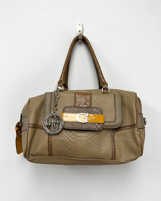 tan snakeskin-textured Guess satchel