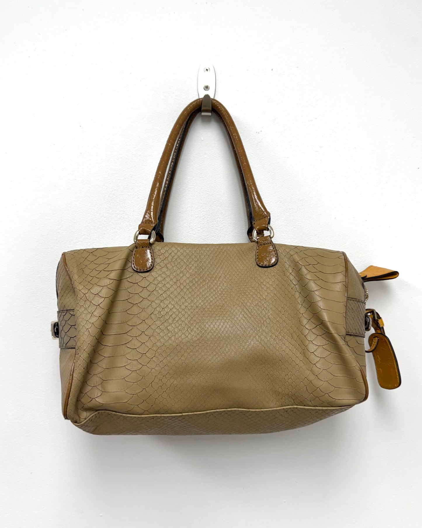 tan snakeskin-textured Guess satchel