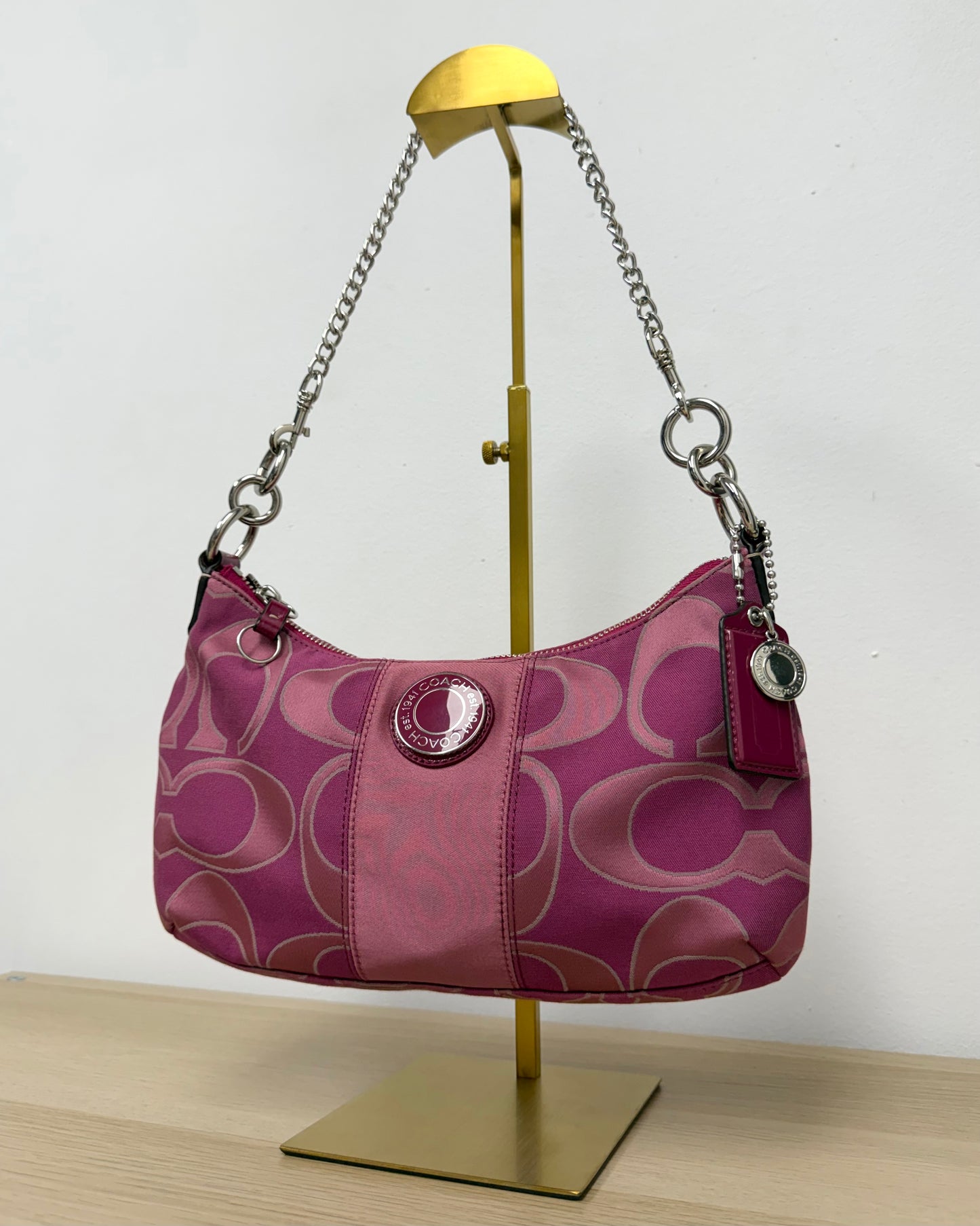 Coach pink fuchsia signature stripe hobo bag