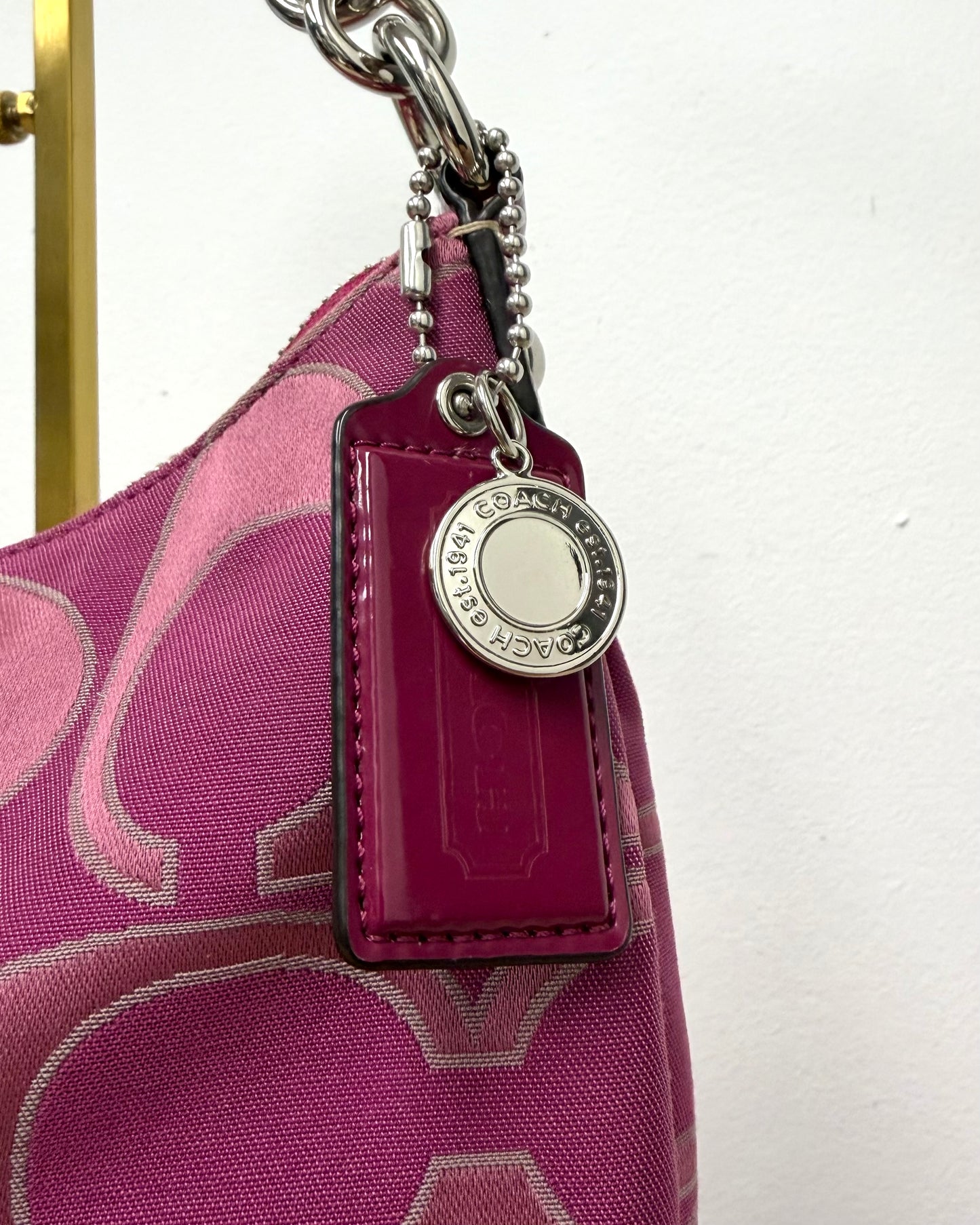 Coach pink fuchsia signature stripe hobo bag