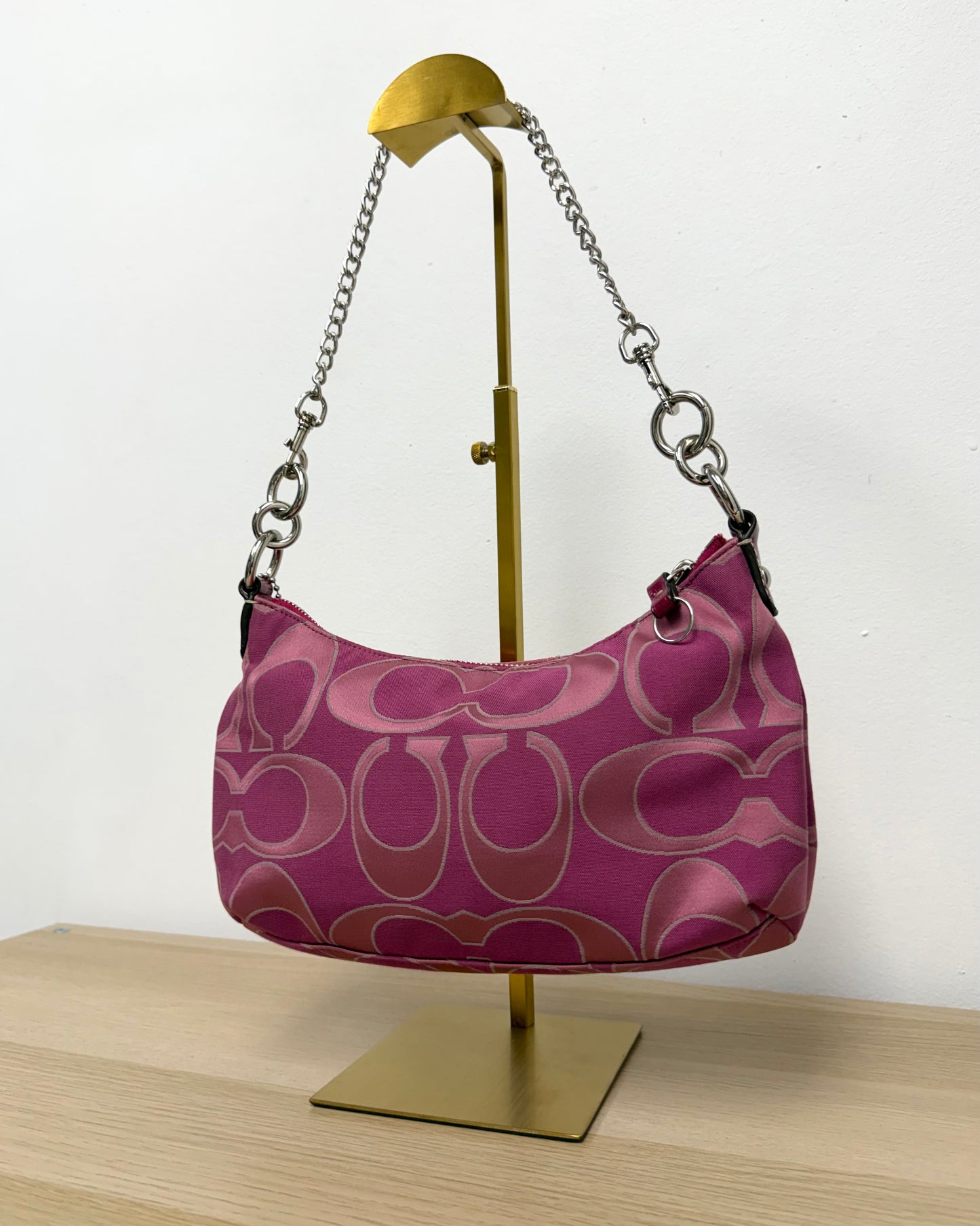 Coach pink fuchsia signature stripe hobo bag
