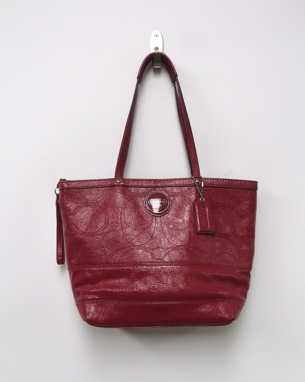 Coach Berry Pink Patent Leather Stitched C Signature Stripe Shoulder Bag