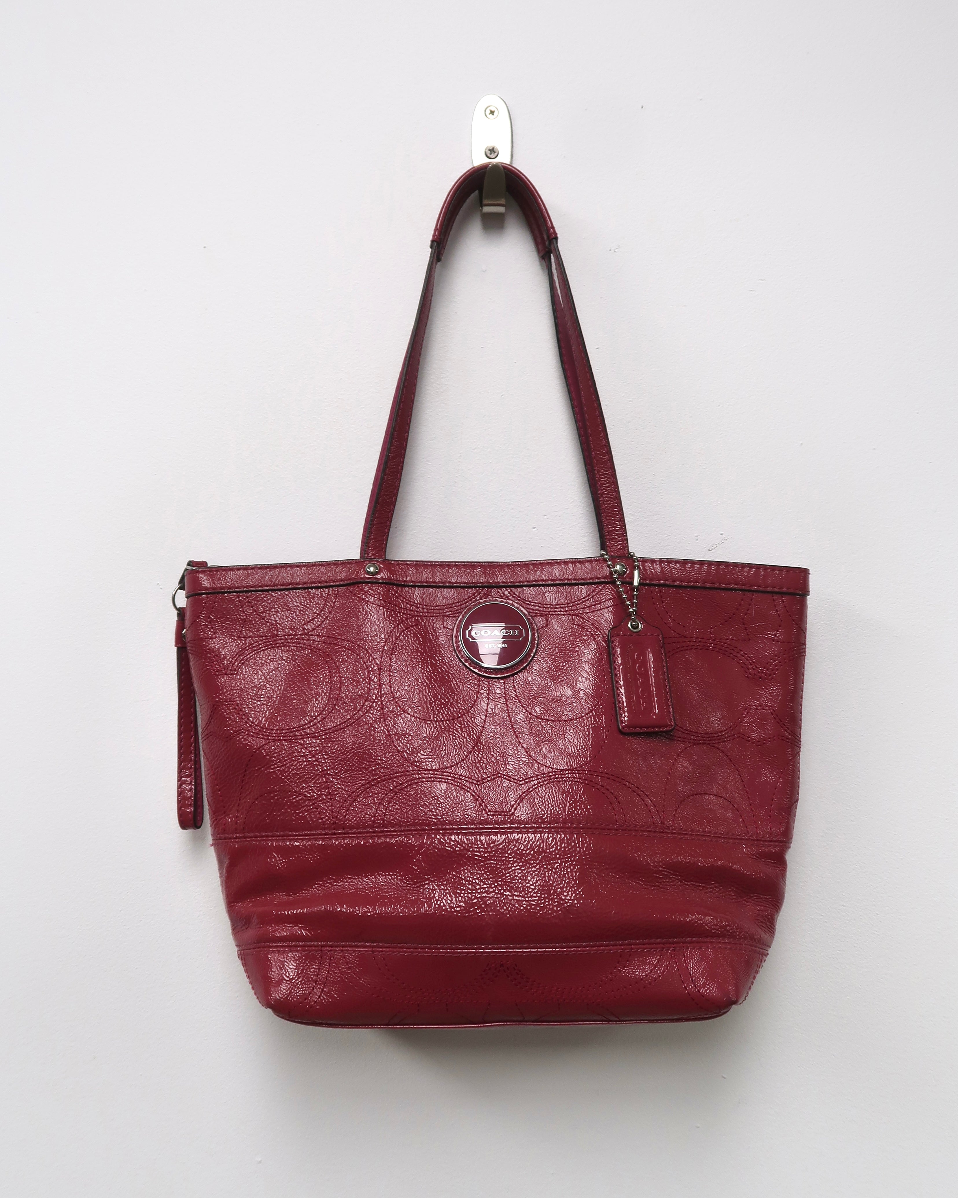 Coach Berry Pink Patent Leather Stitched C Signature Stripe Shoulder Bag