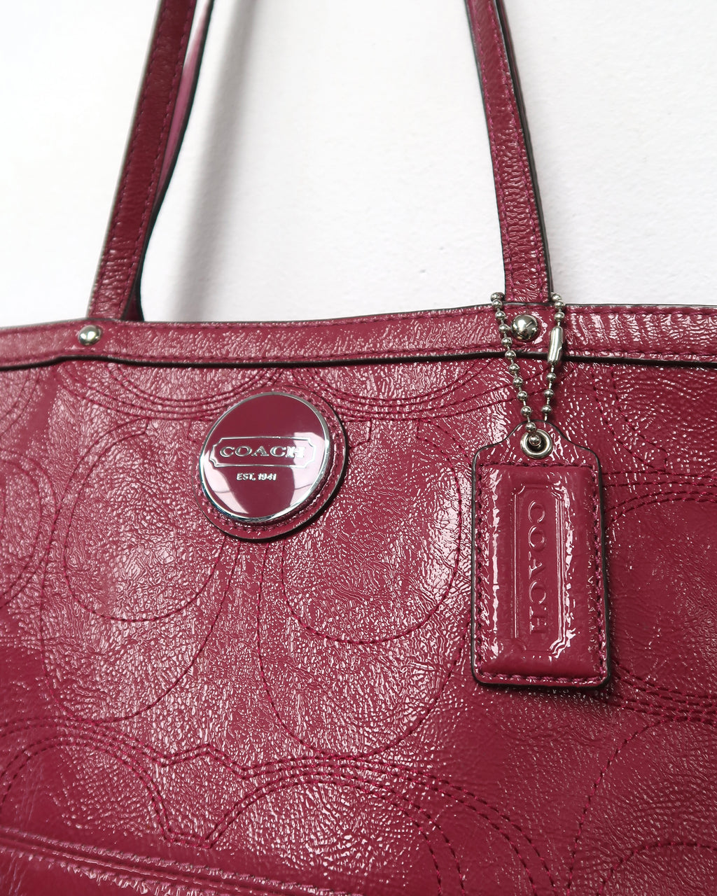 Coach Berry Pink Patent Leather Stitched C Signature Stripe Shoulder Bag