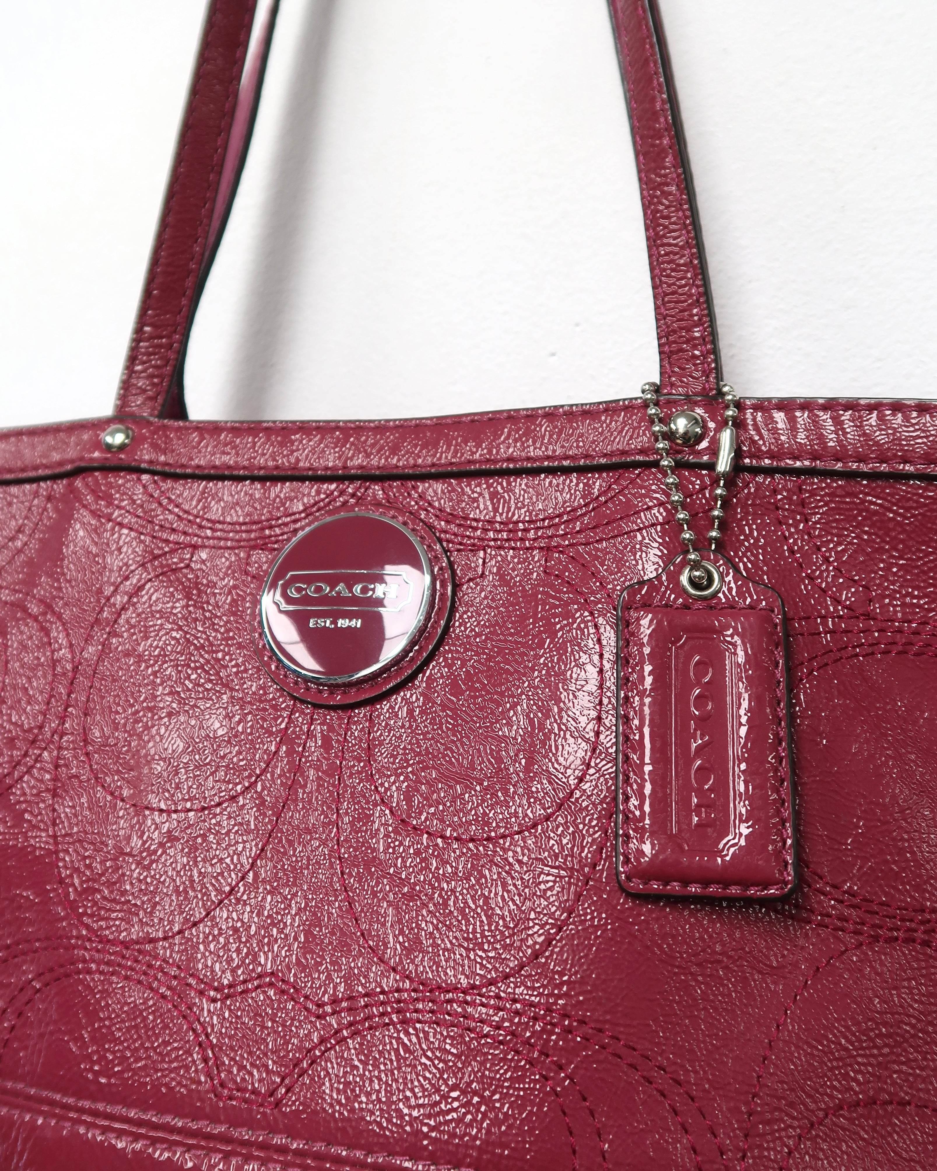 Coach Berry Pink Patent Leather Stitched C Signature Stripe Shoulder Bag