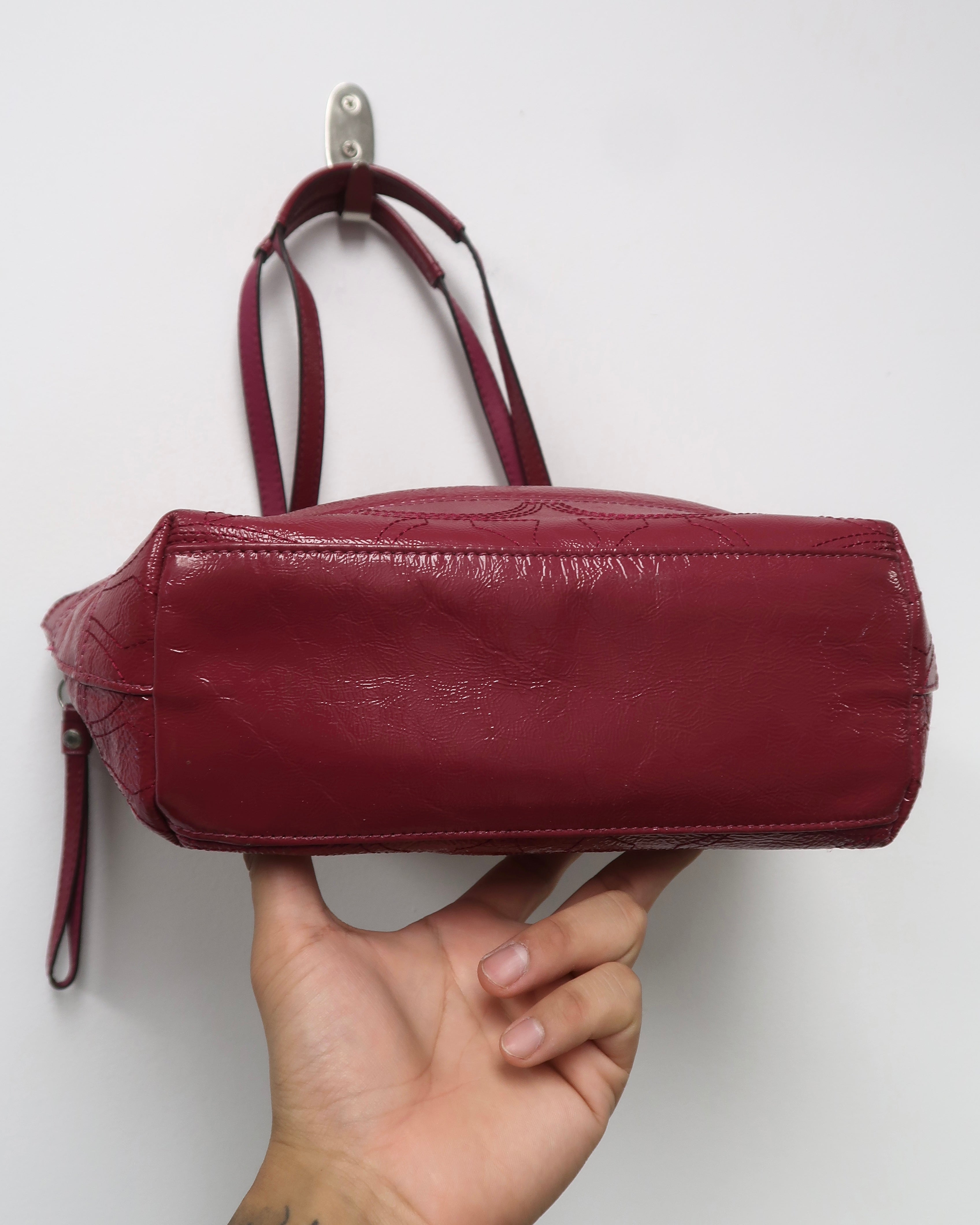 Coach Berry Pink Patent Leather Stitched C Signature Stripe Shoulder Bag
