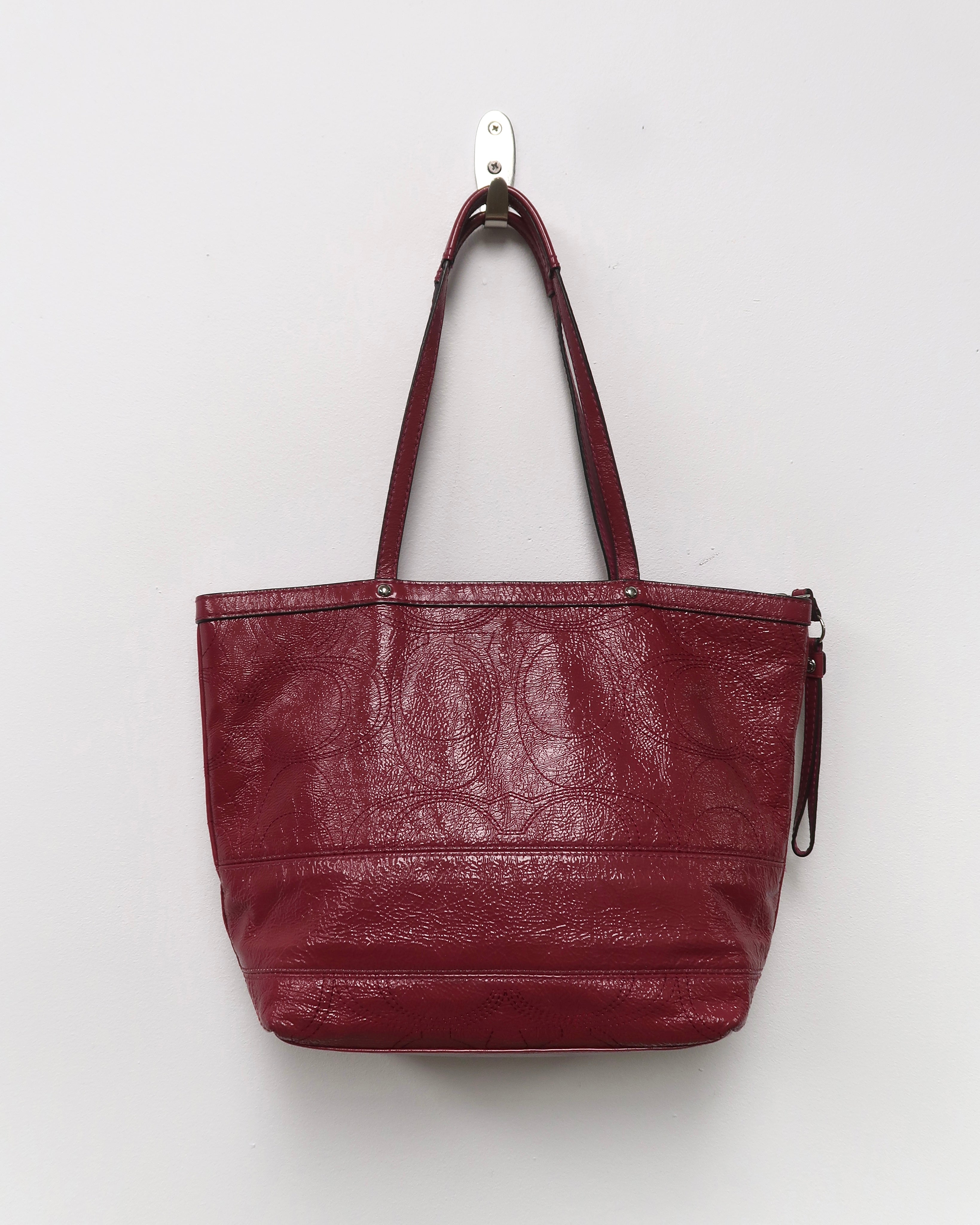 Coach Berry Pink Patent Leather Stitched C Signature Stripe Shoulder Bag